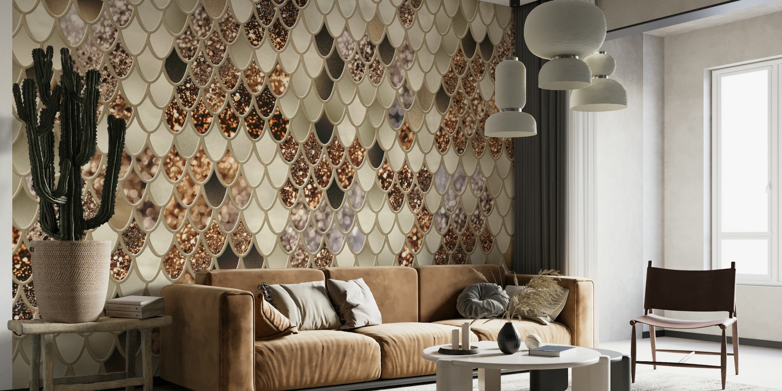 fotomural vinílico de parede com padrão de escala de sereia dourada e marrom para um interior elegante