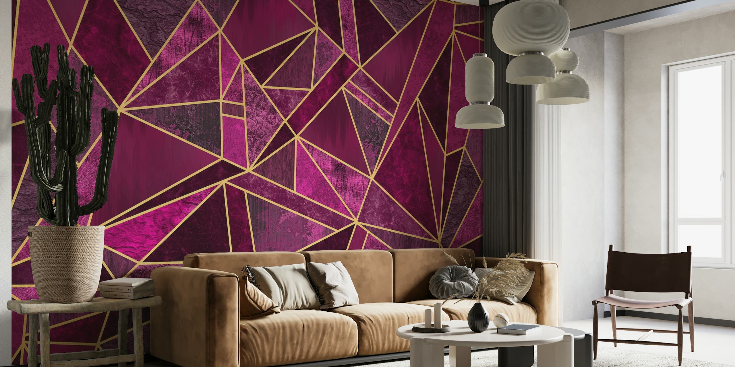 Fotomural vinílico de parede magenta com mosaico texturizado de geometria luxuosa