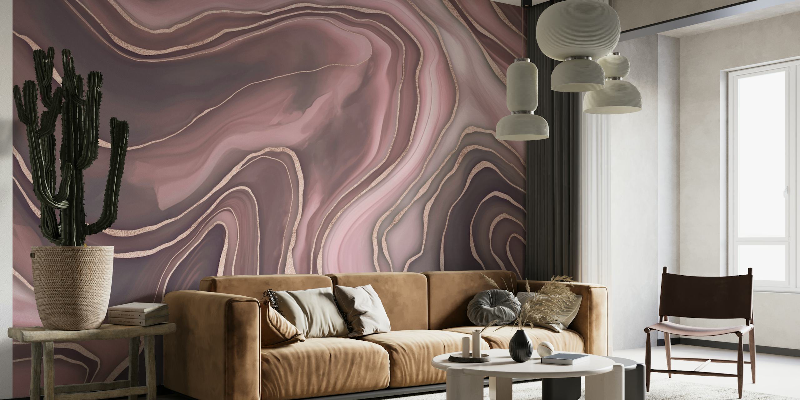 Mural de pared Marble Reverie Rose Gold con elegantes remolinos de rosa, gris pardo y carbón