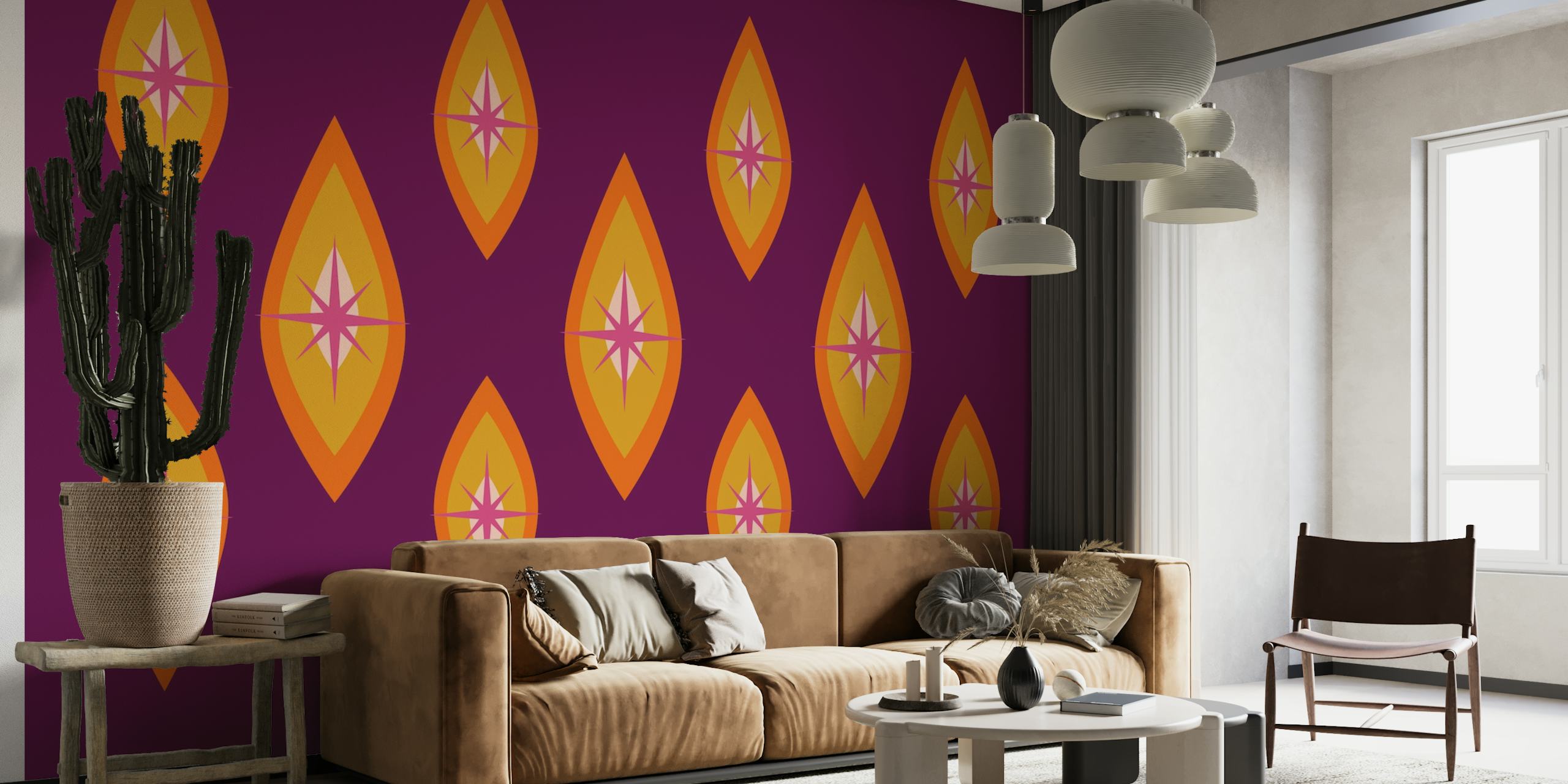 Retro-inspired 'Seventies Neon' wall mural with geometric shapes on a purple background