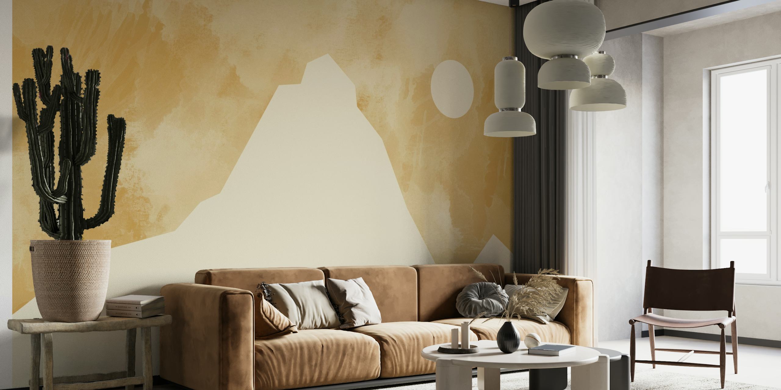Watercolor Sunrise wall mural with warm beige tones and a minimalist mountain silhouette under a soft-hued sky