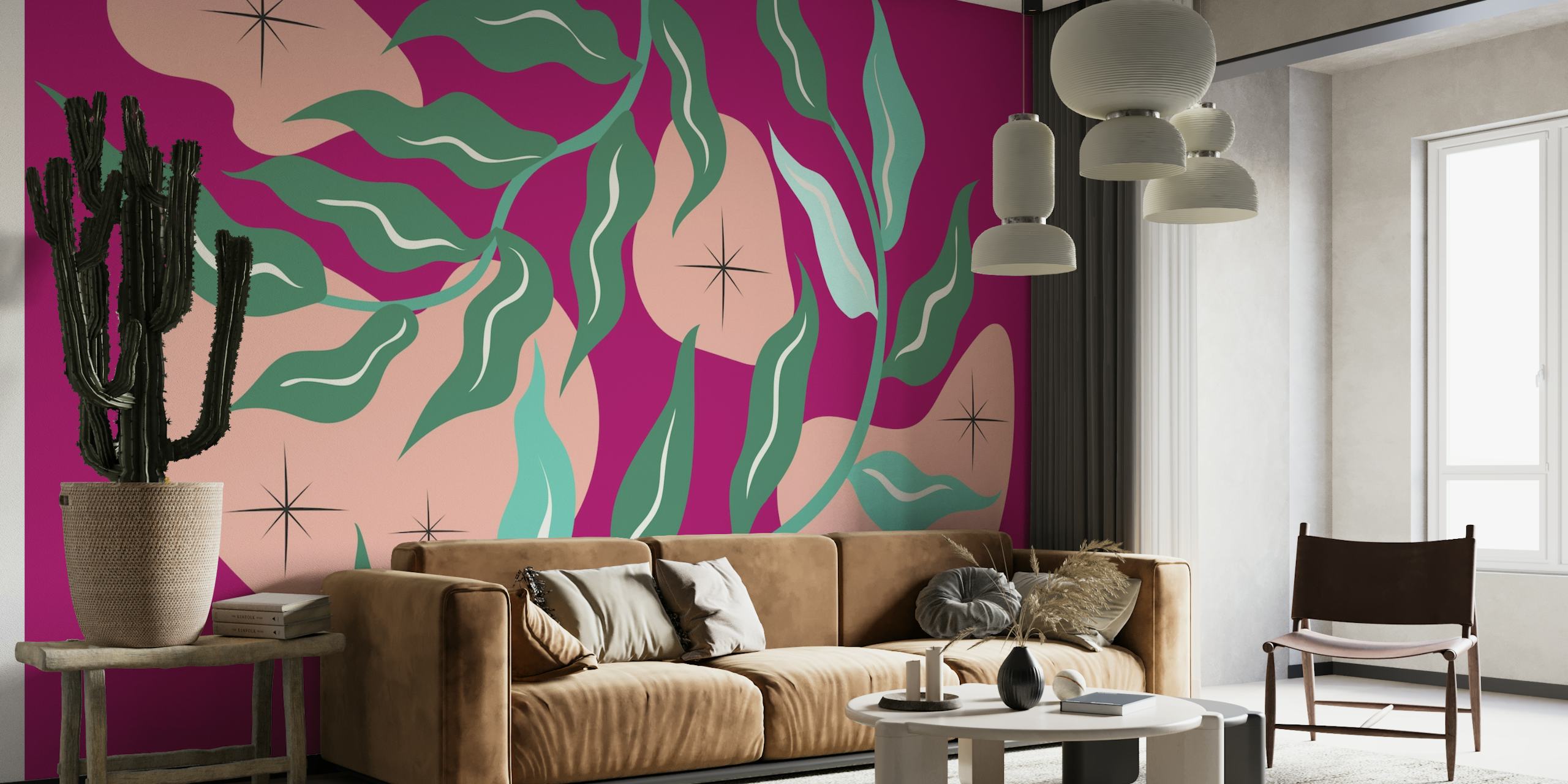 Vibrant Mid Century Bauhaus Leaves papel de parede