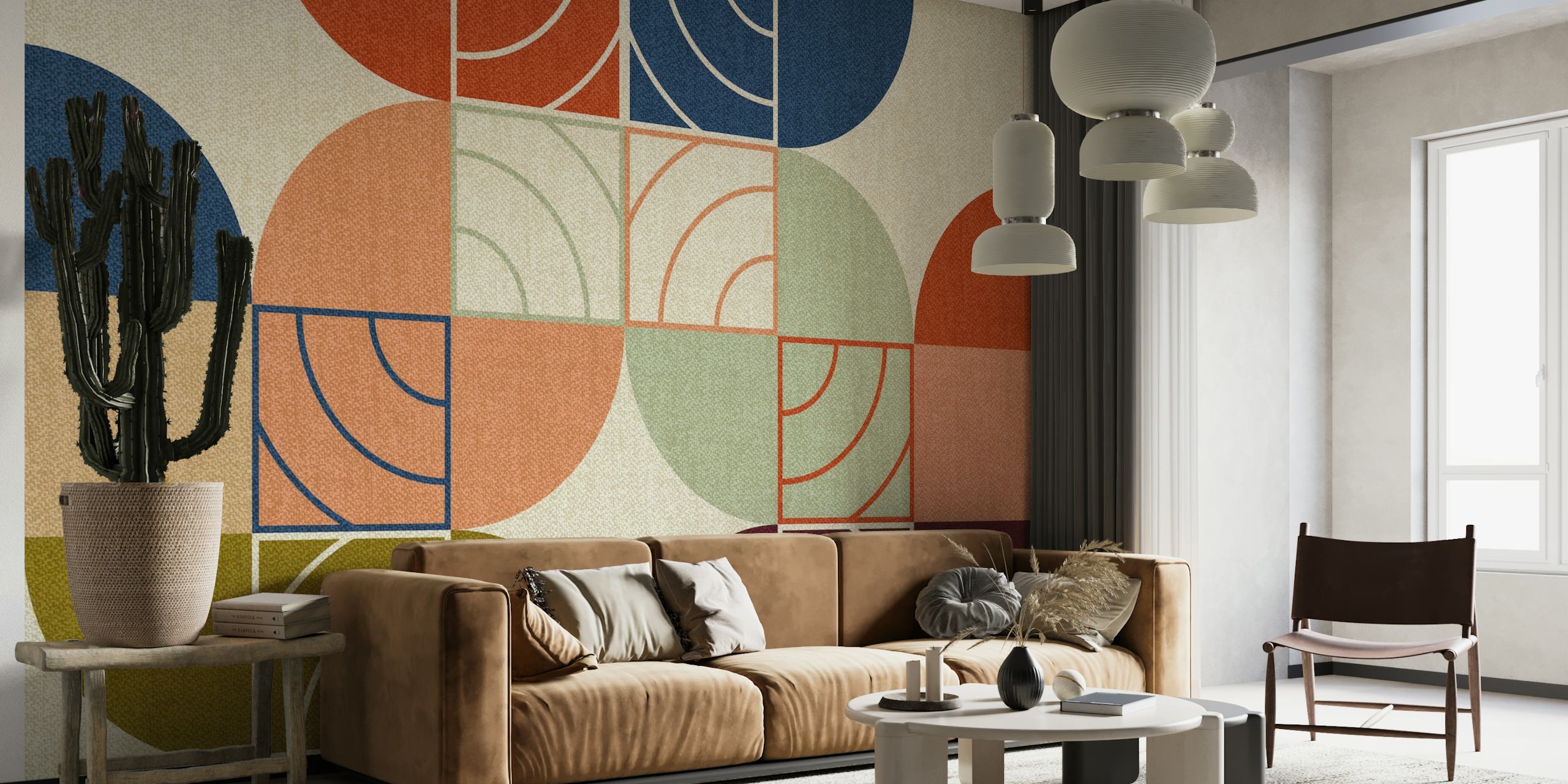 Geometriset muotoiset seinämaalaukset Art Deco- ja Bauhaus-tyyliin maanläheisin sävyin