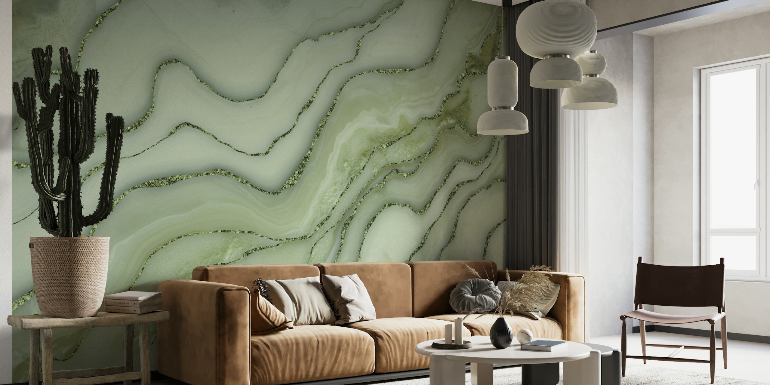 Jadenvihreä marmorinen seinämaalaus kultaisilla aksenteilla