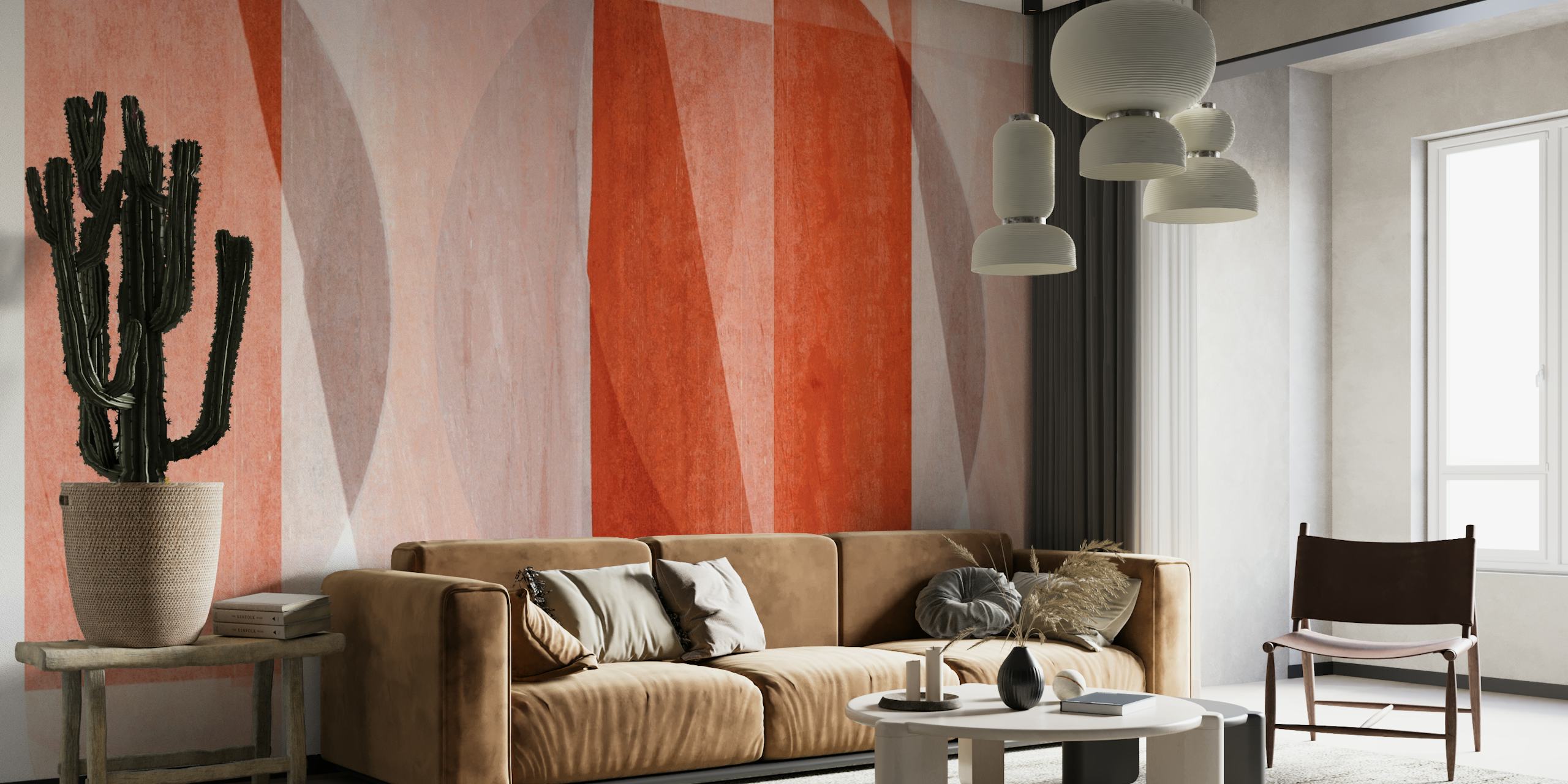 Warme Bauhaus Art geometrische muurschildering in rode tinten