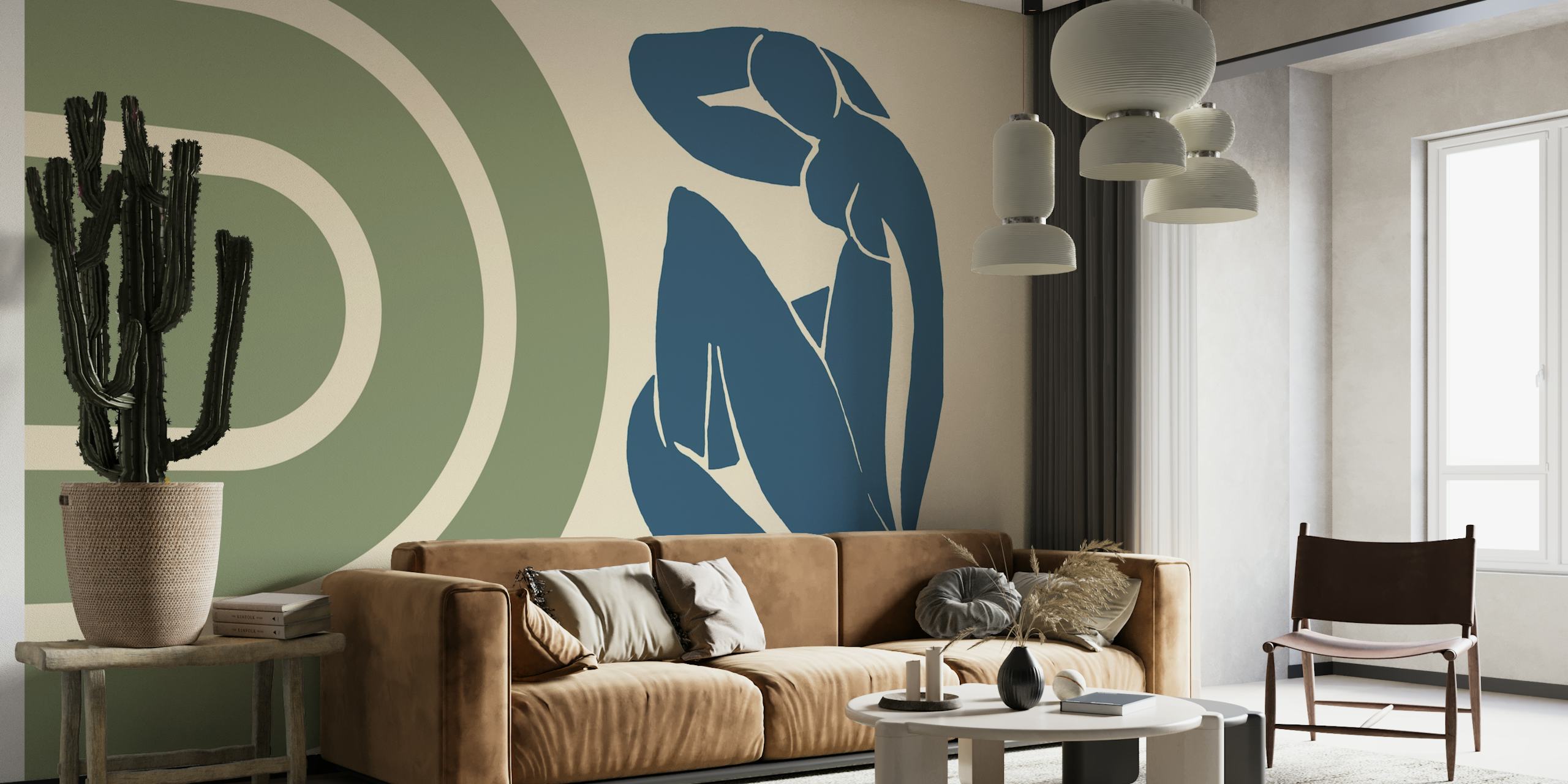 Green Mid-Century style wall mural featuring retro patterns and a stylized human figure
