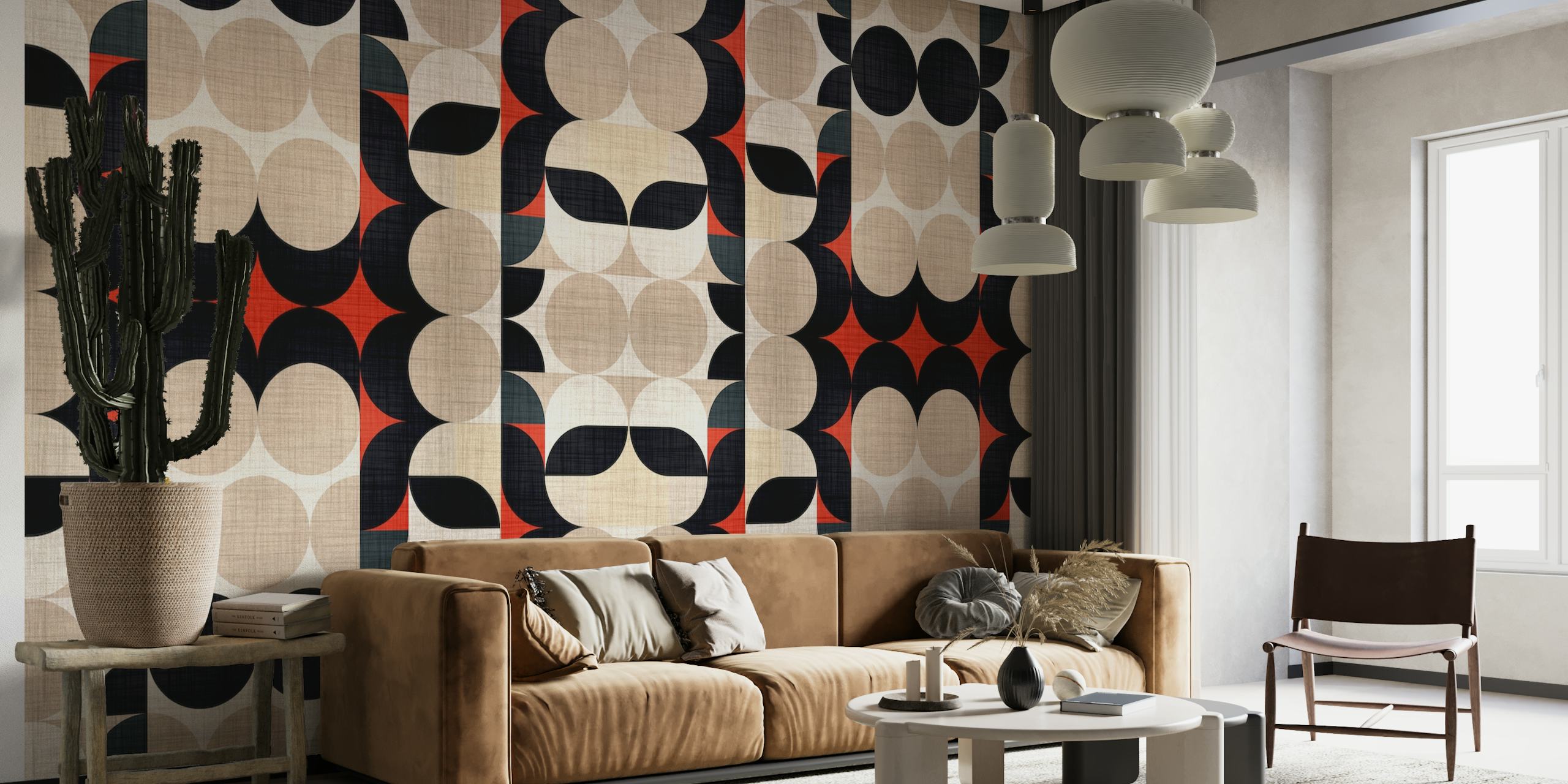 Vuosisadan puolivälin moderni kangaskuvioinen seinätapetti, jossa on geometrisia muotoja beigen, mustan ja punaisena