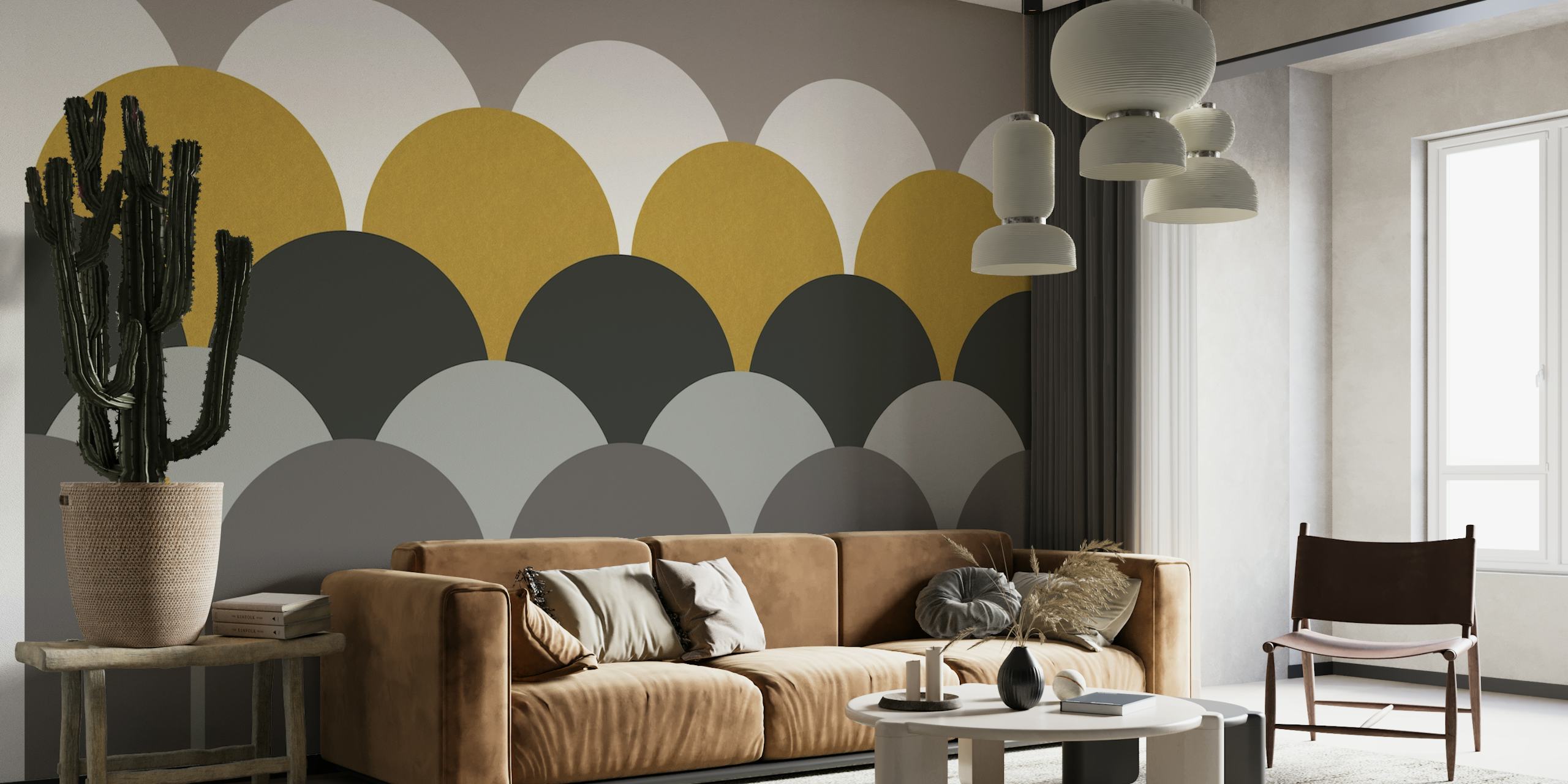 Moderne art deco-vægmaleri med geometriske halvmåner i dæmpede og metalliske toner