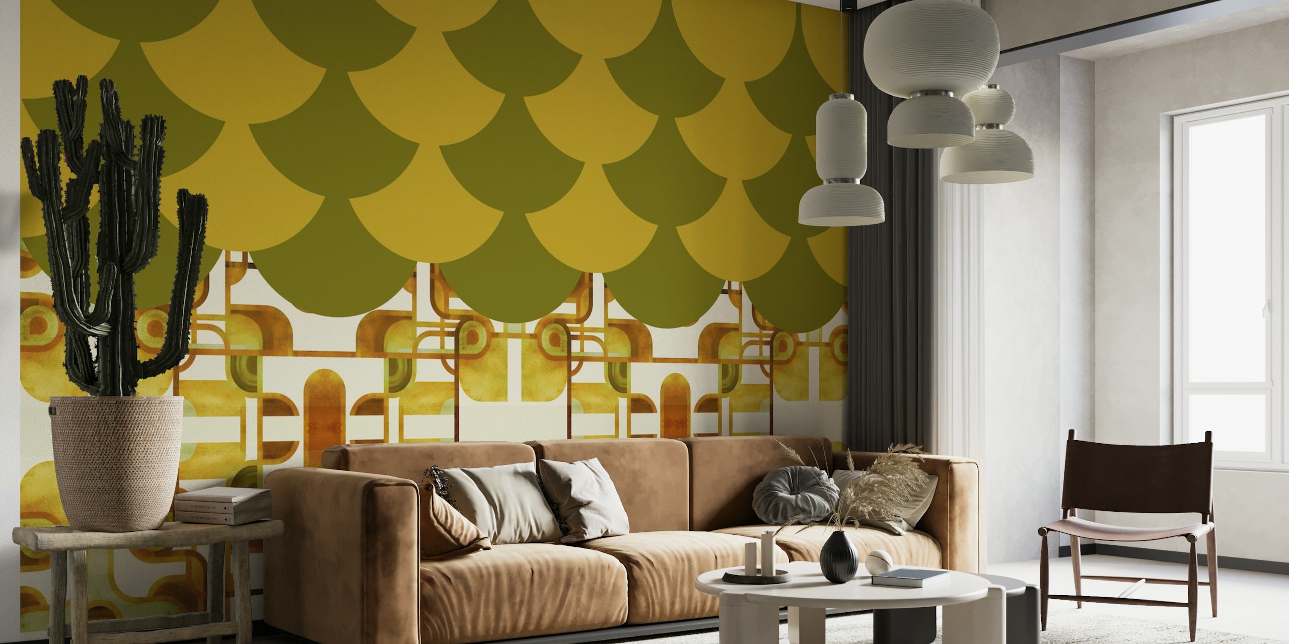 Crazy Art Deco wall mural with mustard, olive, and cream geometric patterns