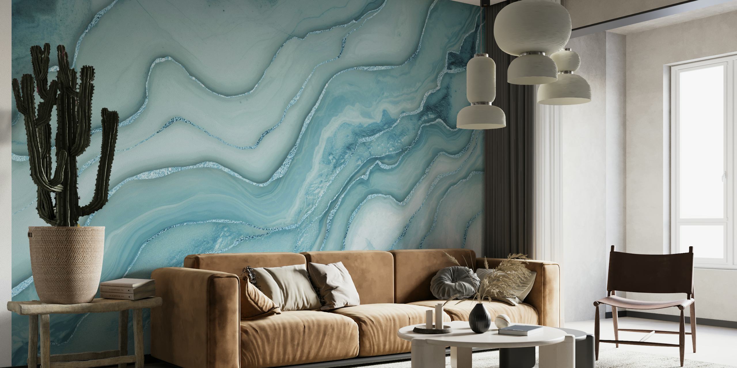 Papier peint mural à motifs de marbre bleu aqua avec des accents gris tourbillonnants créant une atmosphère luxueuse et sereine.