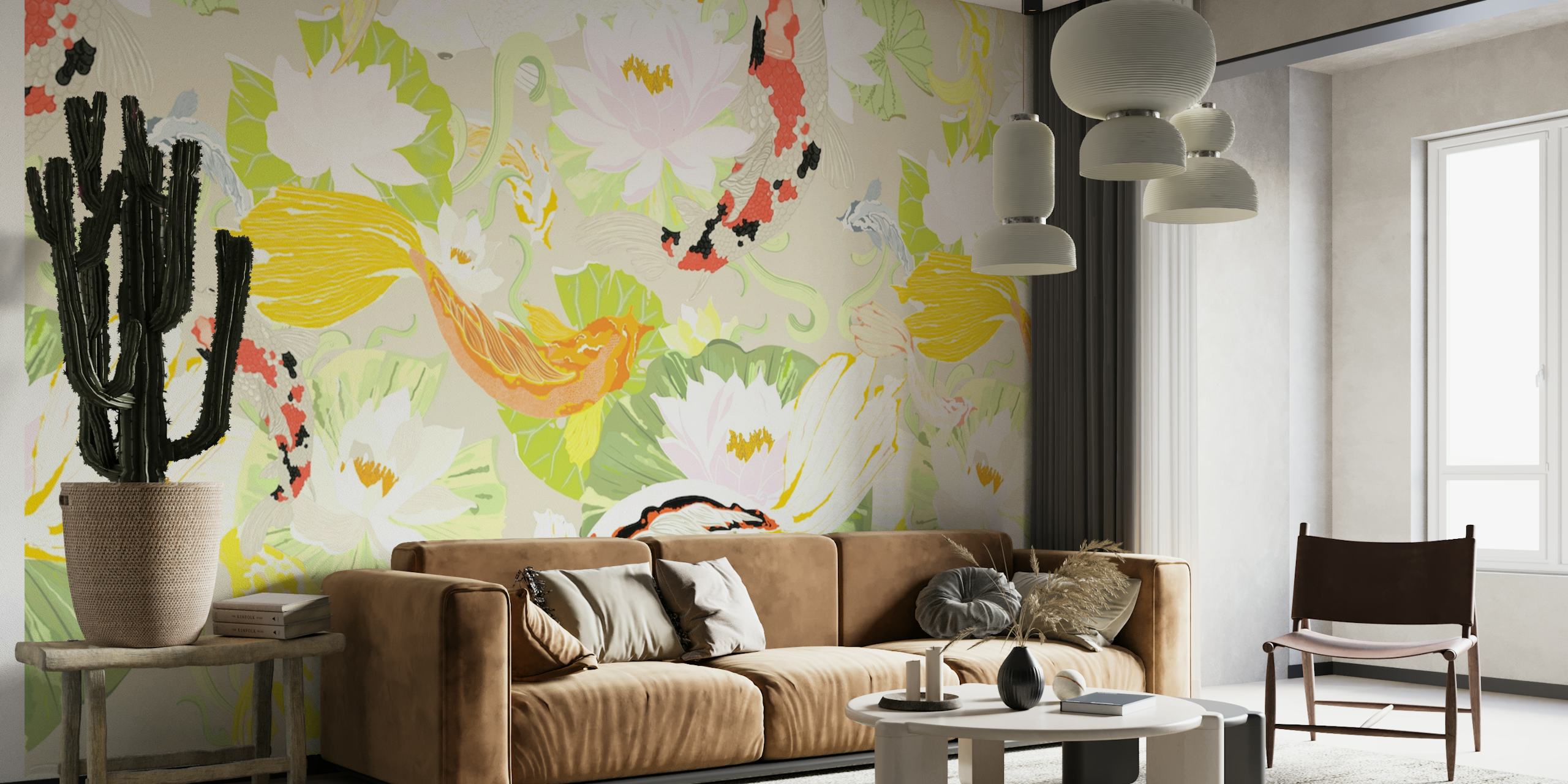 Peixe koi elegante e design de mural de parede floral