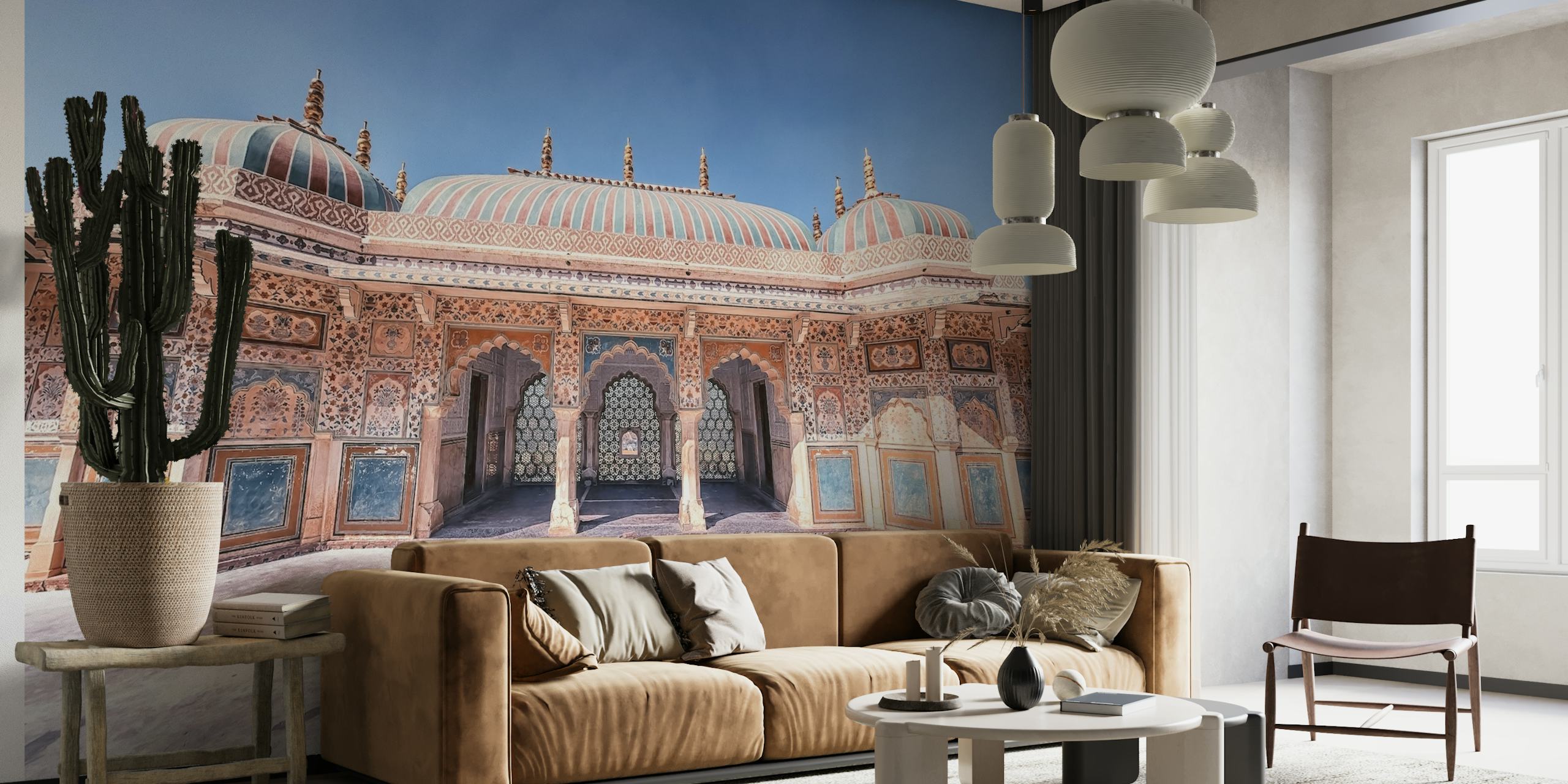 Amber Fort -seinämaalaus, joka kuvaa majesteettista intialaista arkkitehtuuria ja monimutkaisia palatsin yksityiskohtia