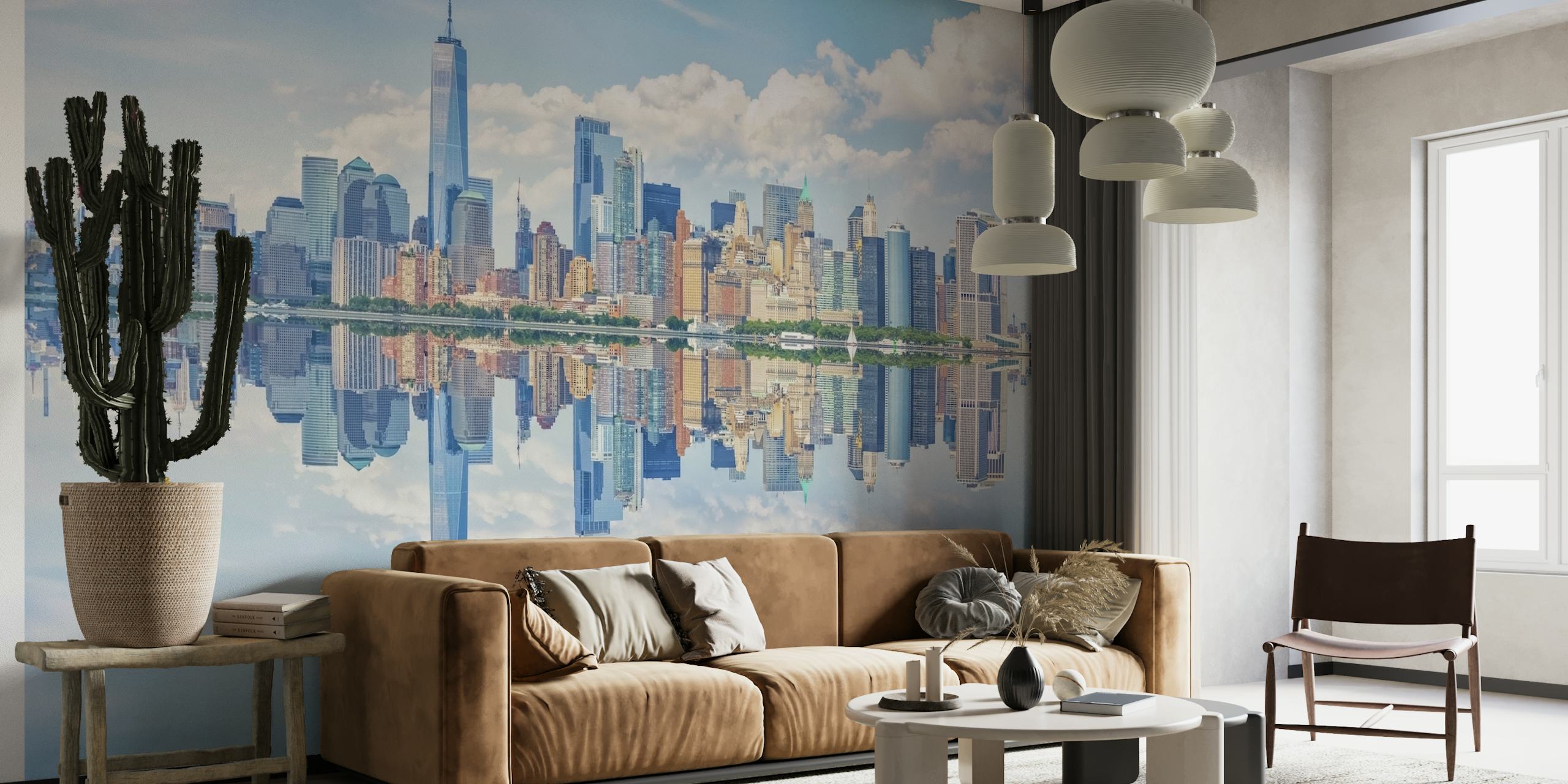 New York City skyline reflection wall mural with clear blue skies and tranquil water