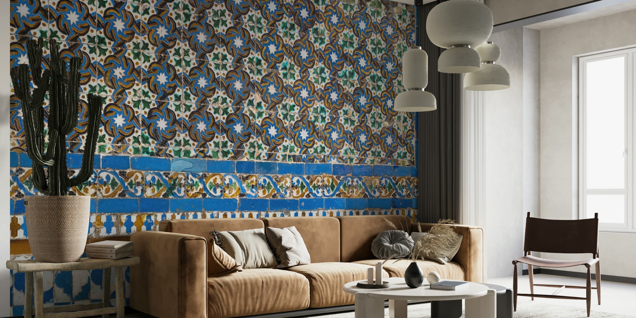 Mural de parede representando padrões tradicionais de azulejos espanhóis com designs complexos e um esquema de cores quentes.