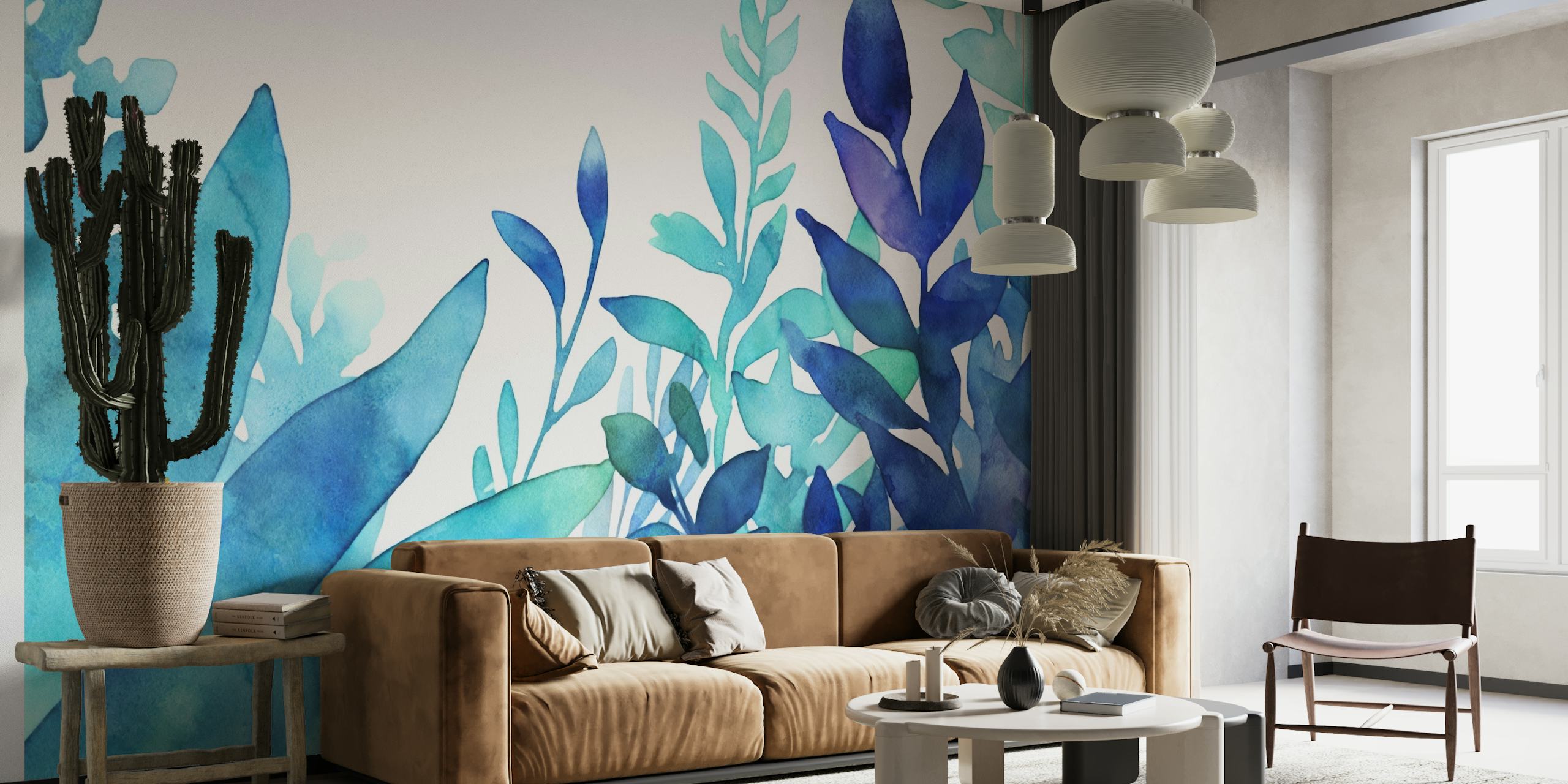 Eine üppige Darstellung türkisfarbener und blauer Aquarellblätter für ein ruhiges Wandgemälde.