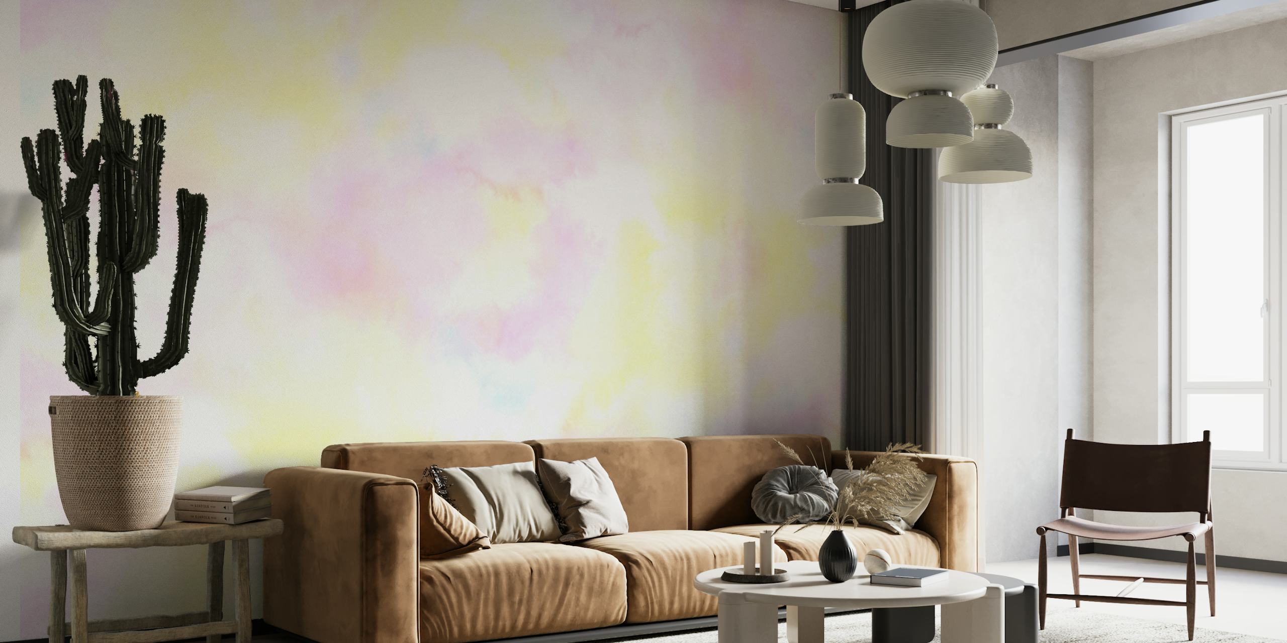 Abstract pastel watercolor wall mural with soft pink, yellow, and lavender swirls