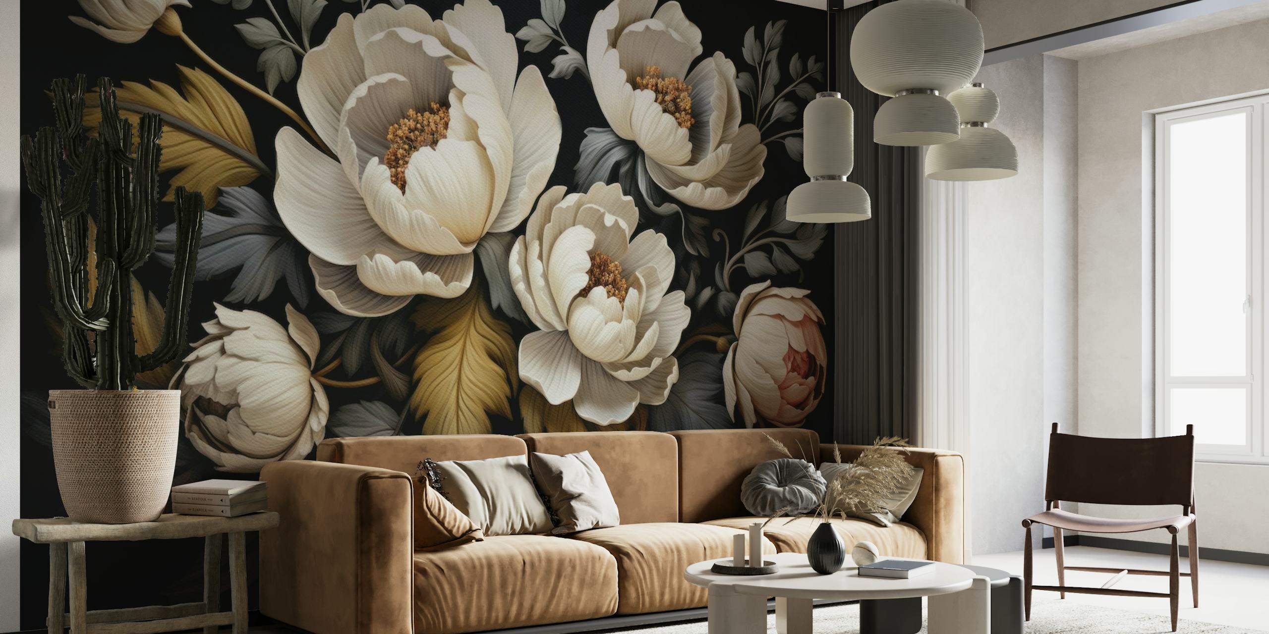 Elegant white peonies with baroque vintage flair on a moody dark background wall mural