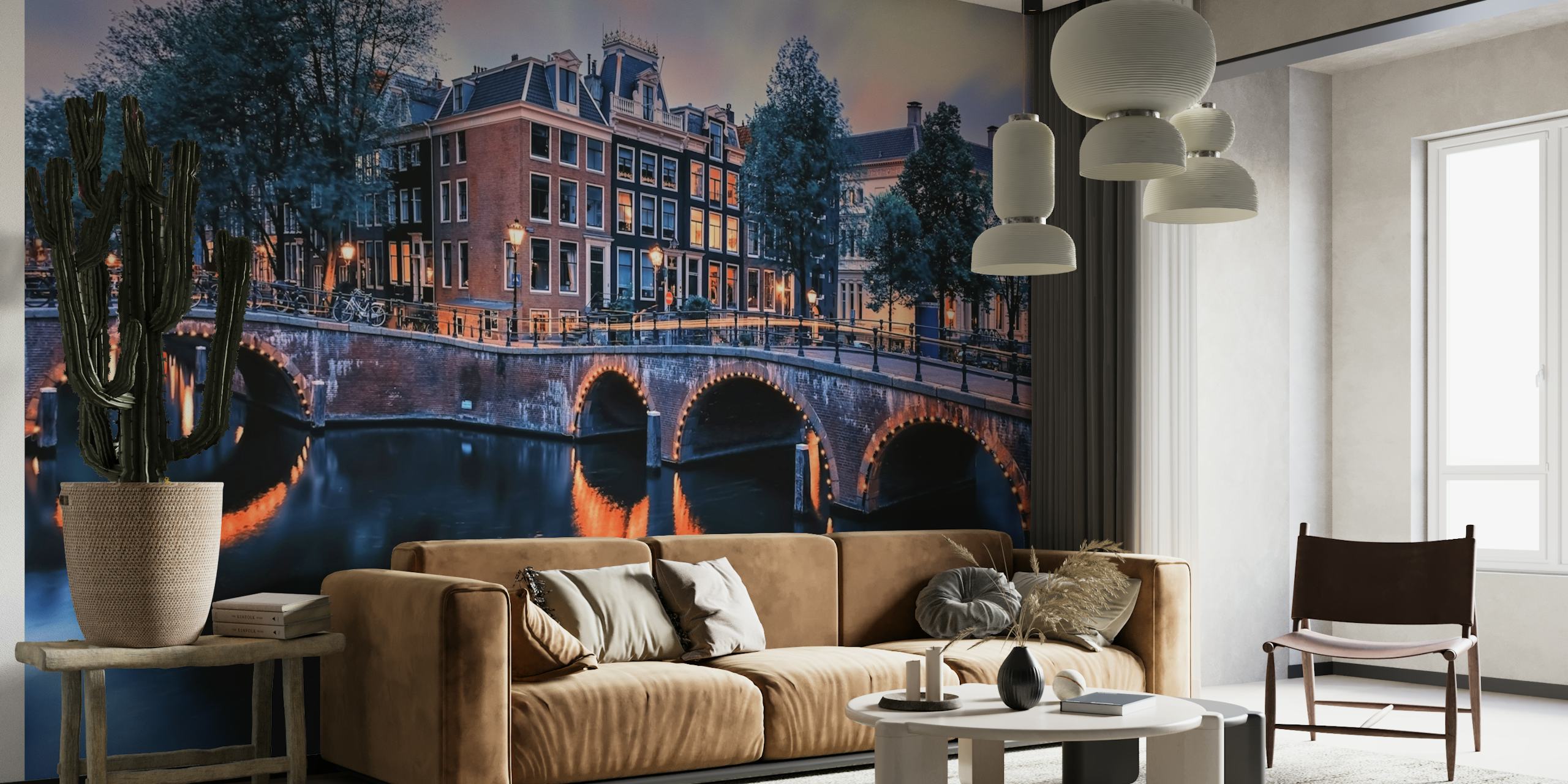 Amsterdamske kuće na kanalu i most pri zalasku sunca zidni mural