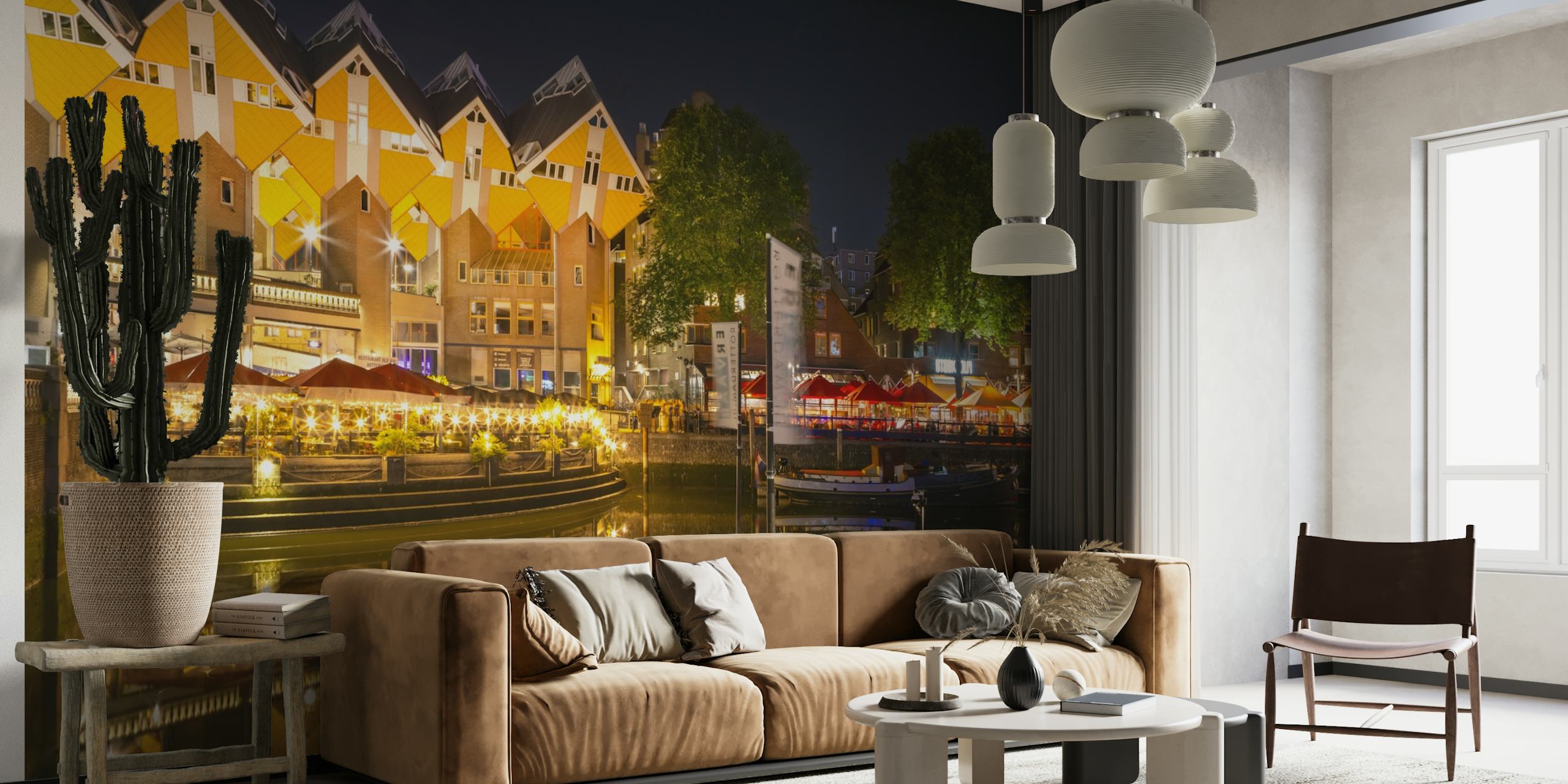 ROTTERDAM Oude Haven and Cube Houses by night papel de parede