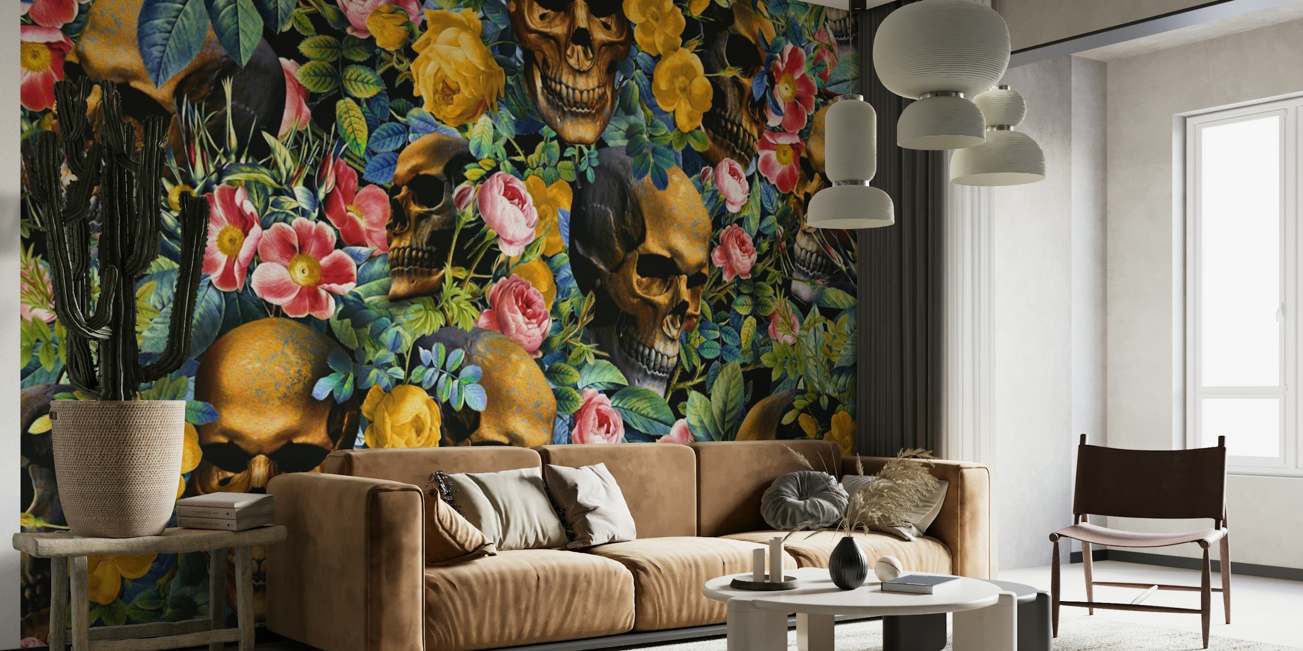 Skull and Flowers Pattern behang