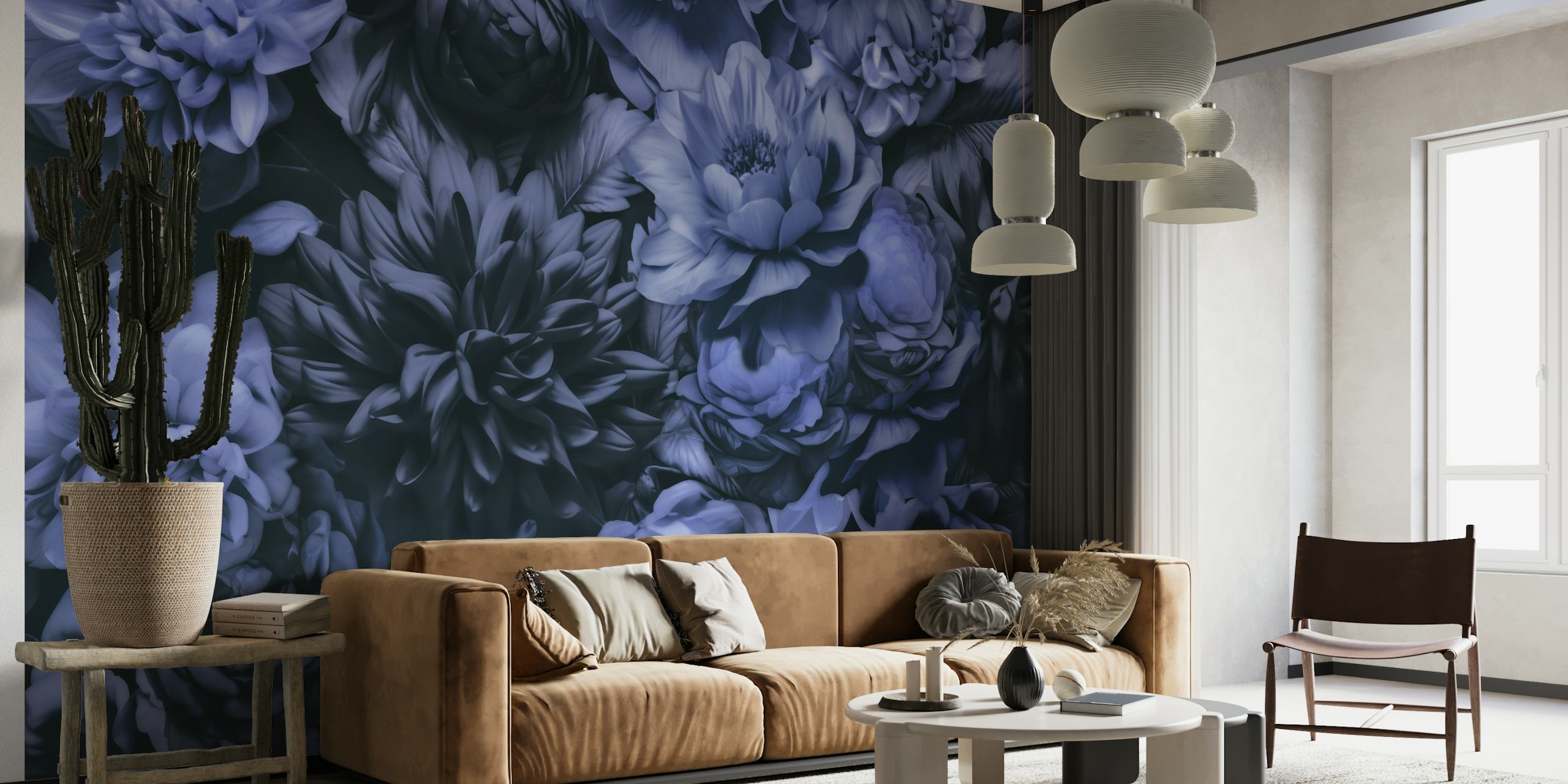 Opulent Baroque Flowers Moody Botanical Art Dark Blue tapetit