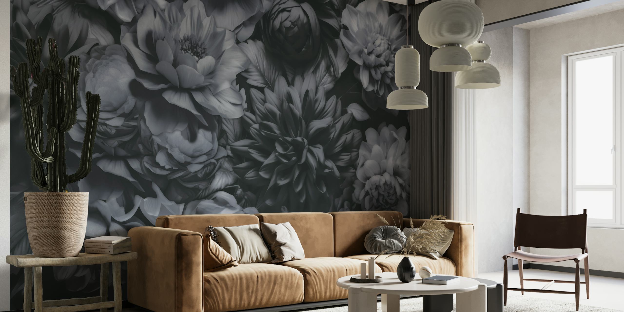 Opulent Baroque Flowers wall mural in silver-grey tones with moody botanical art design