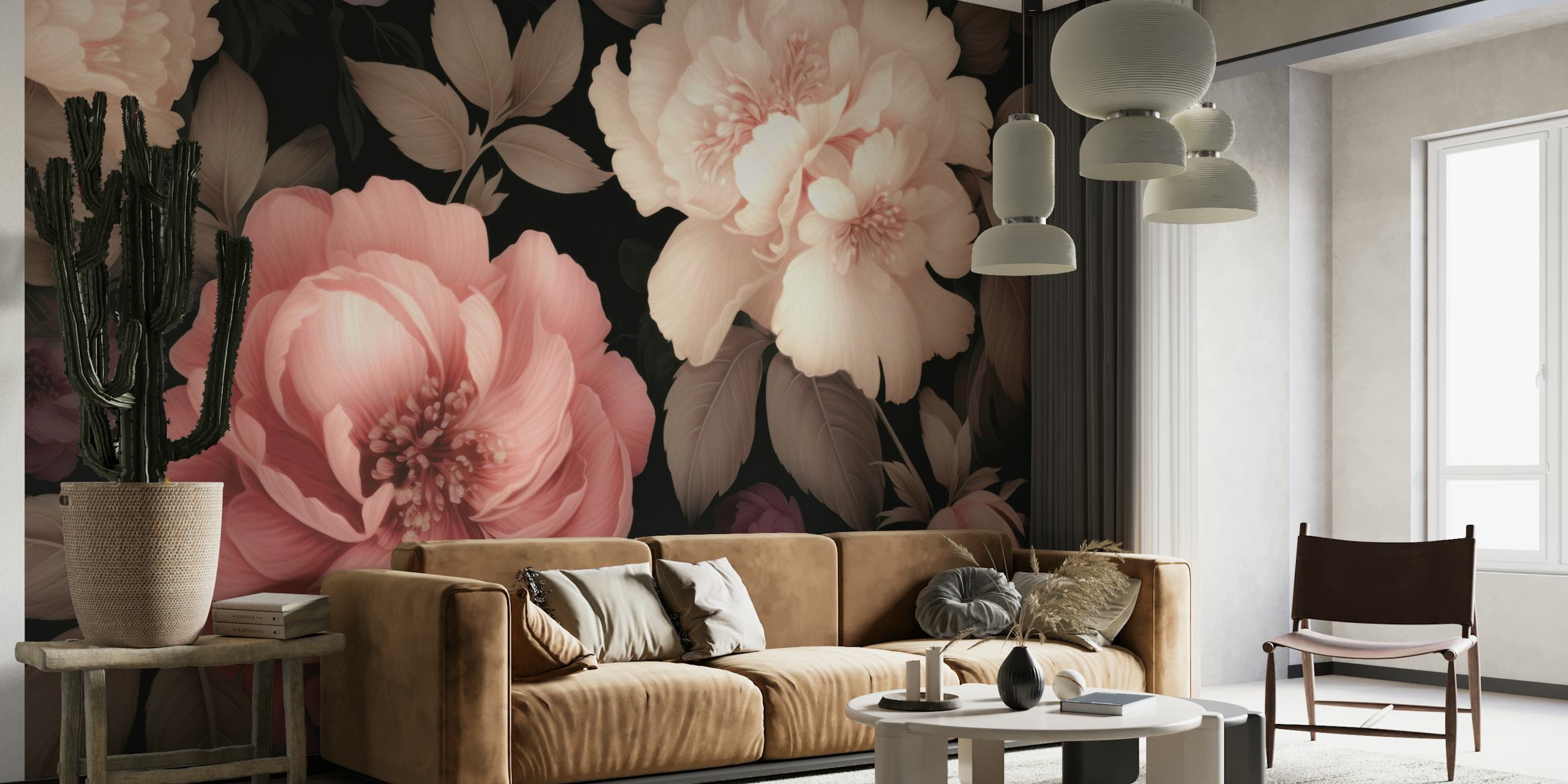 Opulent Baroque Flowers Moody Botanical Art Blush Pink wallpaper