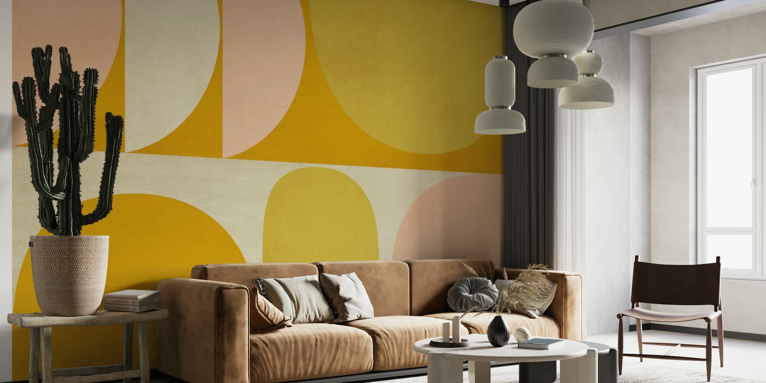 Abstrato G6 Em mural de parede com círculos geométricos em mostarda, pêssego e creme