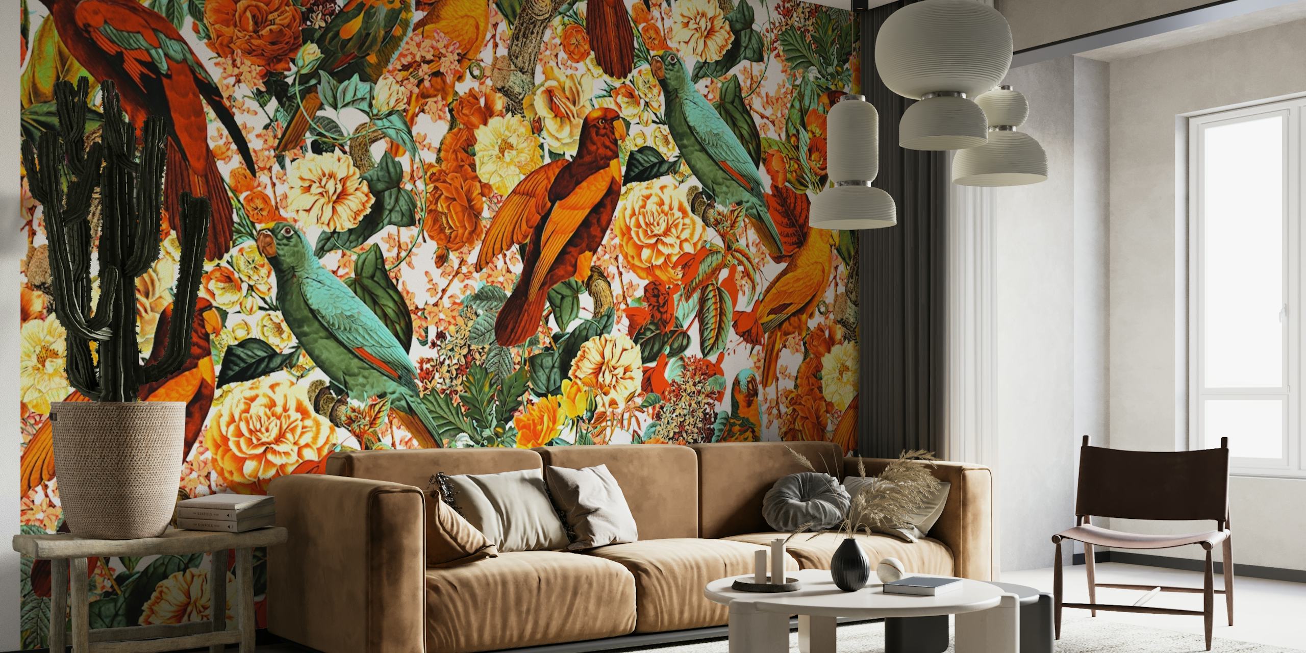 Colorful birds and flowers wall mural