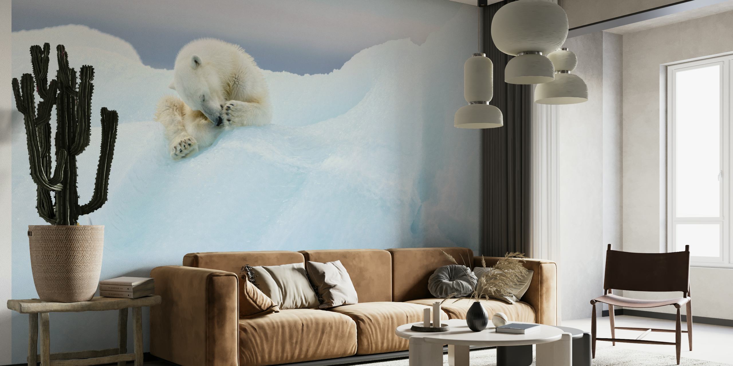 Polar bear on ice wall mural in subtle colors