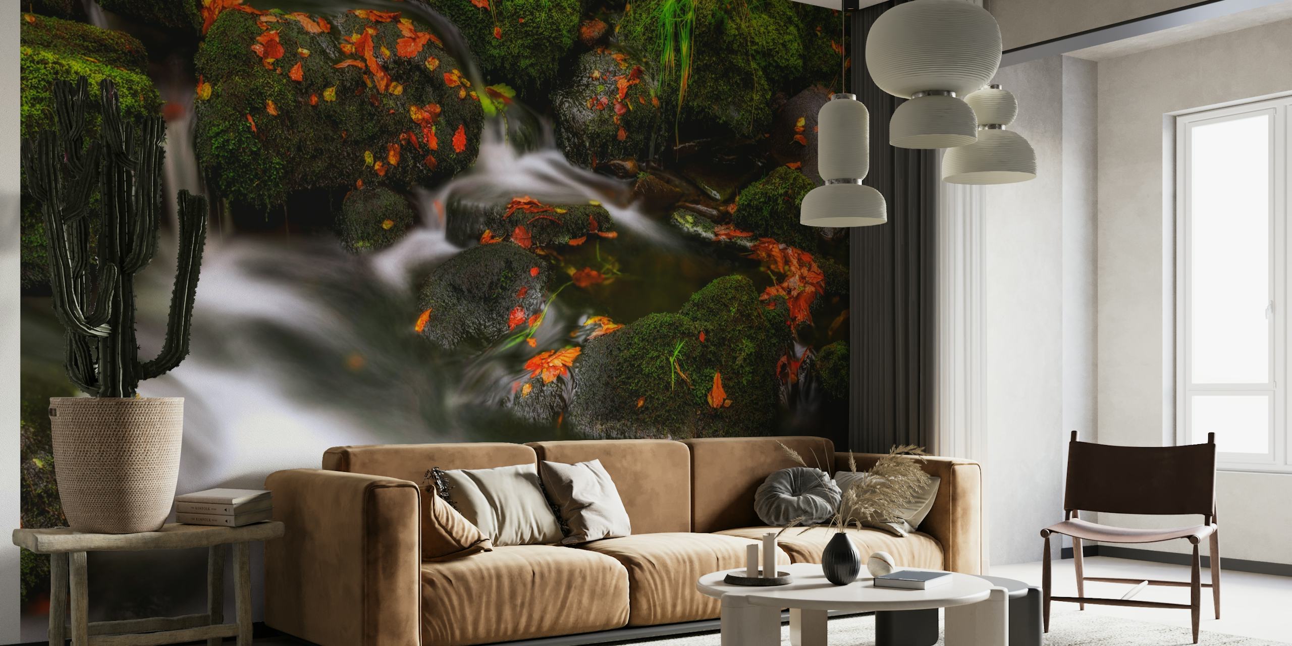 Autumnal forest stream with cascading water and vibrant leaves wall mural