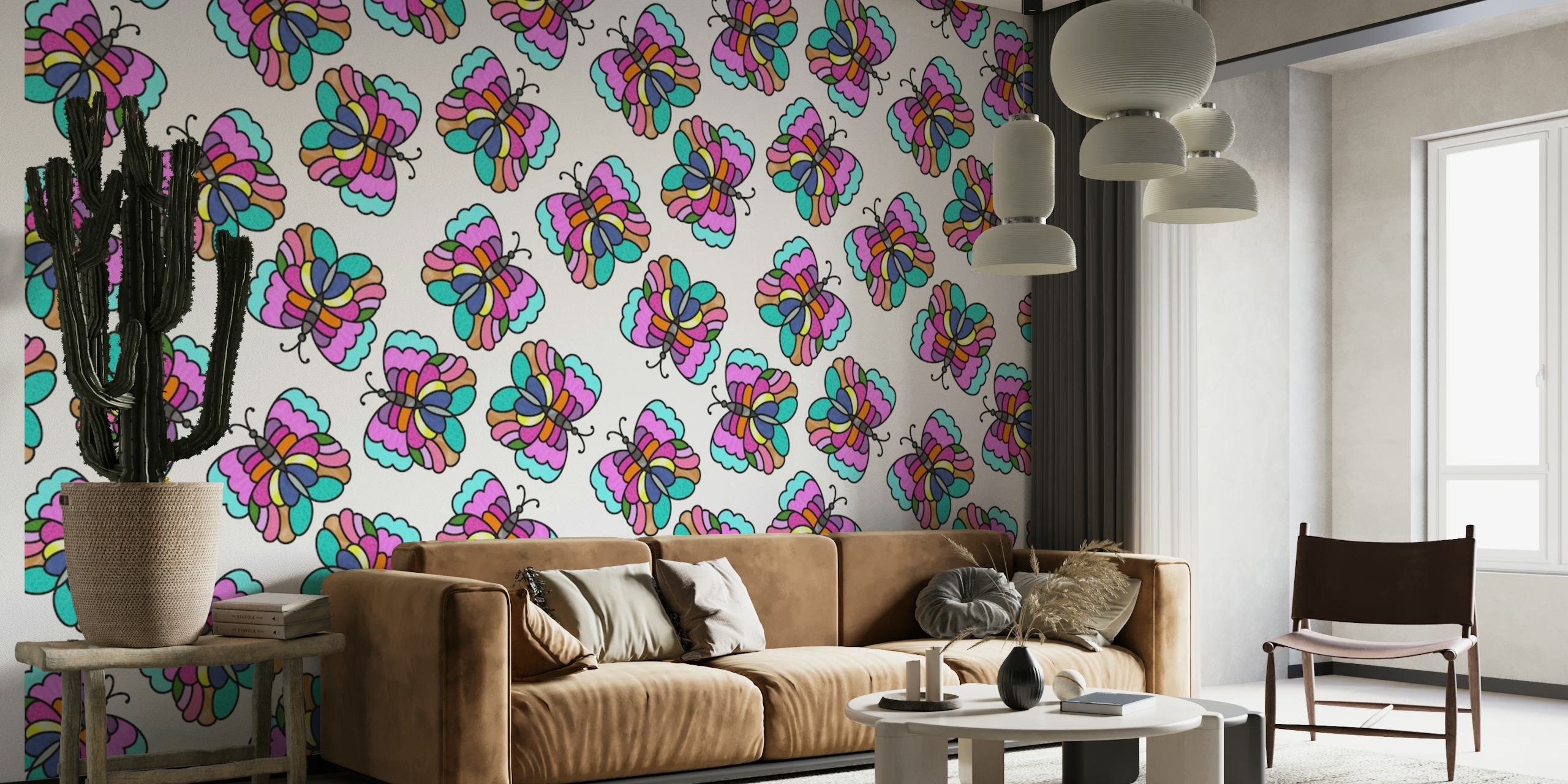 Fotomural vinílico de parede com padrão de borboletas estilo vitral colorido
