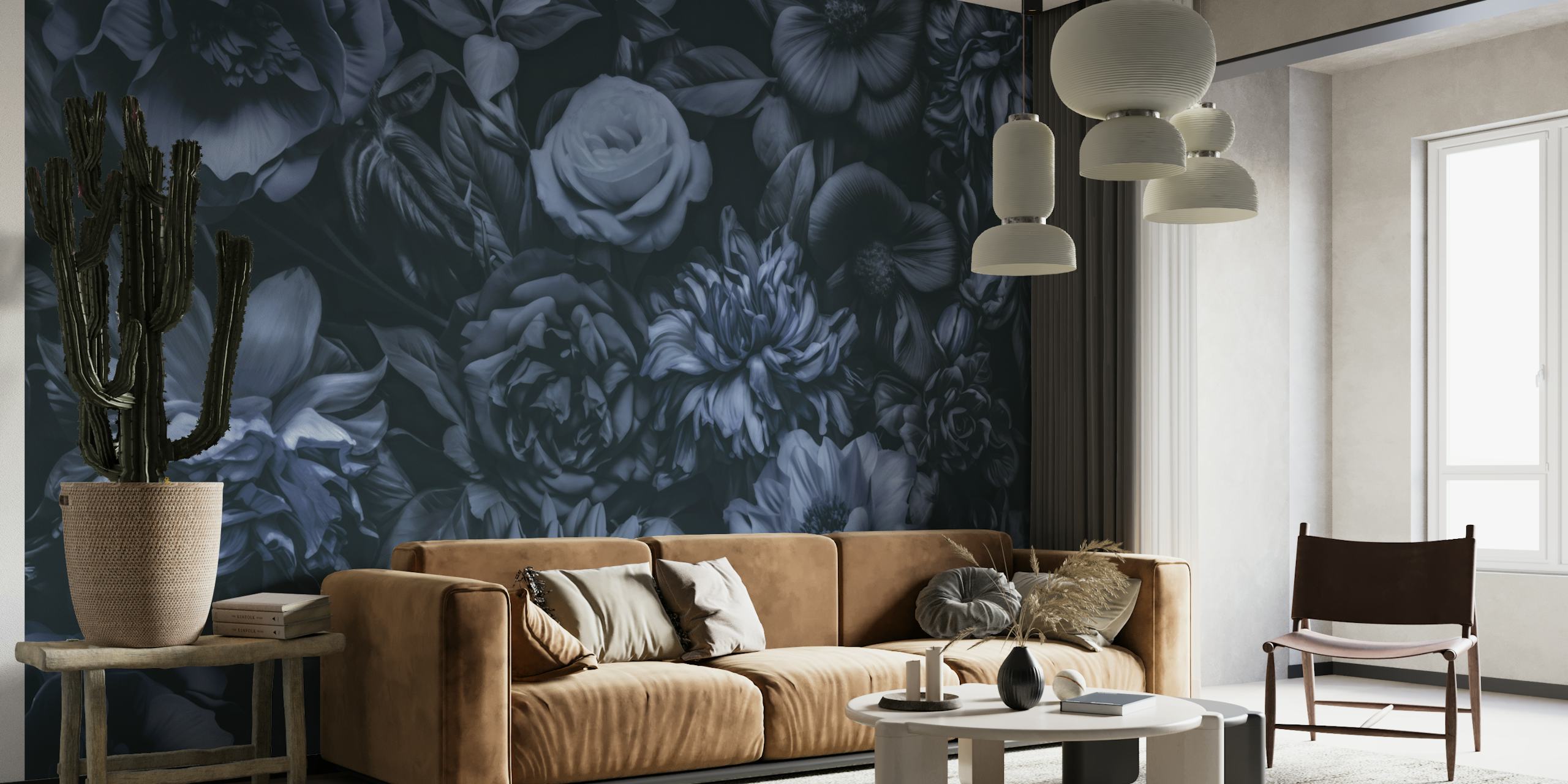 Opulent Baroque Floral Moody Botanical Art Midnight Blue papel de parede
