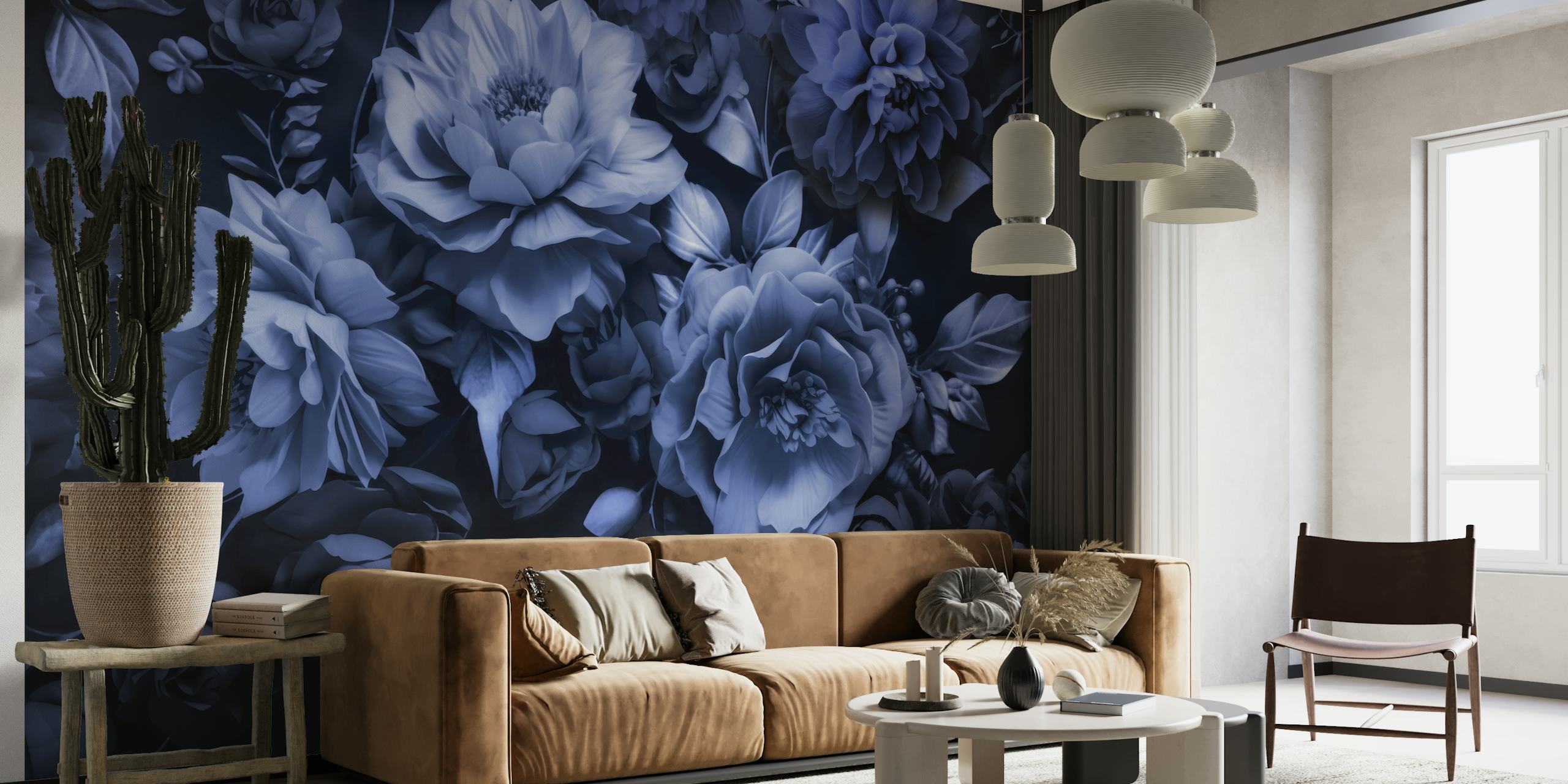 Opulent Baroque Flowers Moody Botanical Midnight Blue wallpaper