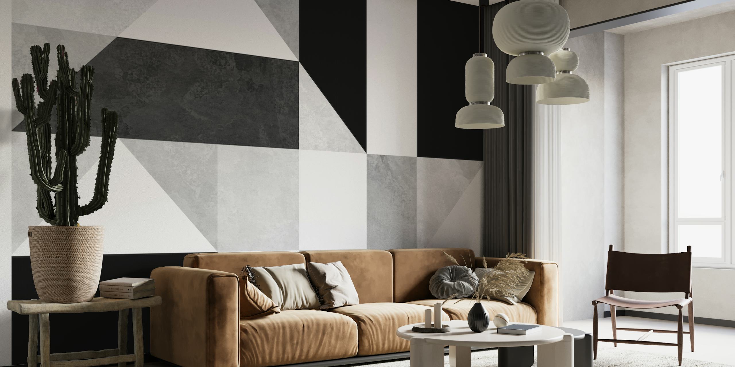 Zwart-witte muurschildering met geometrisch patroon