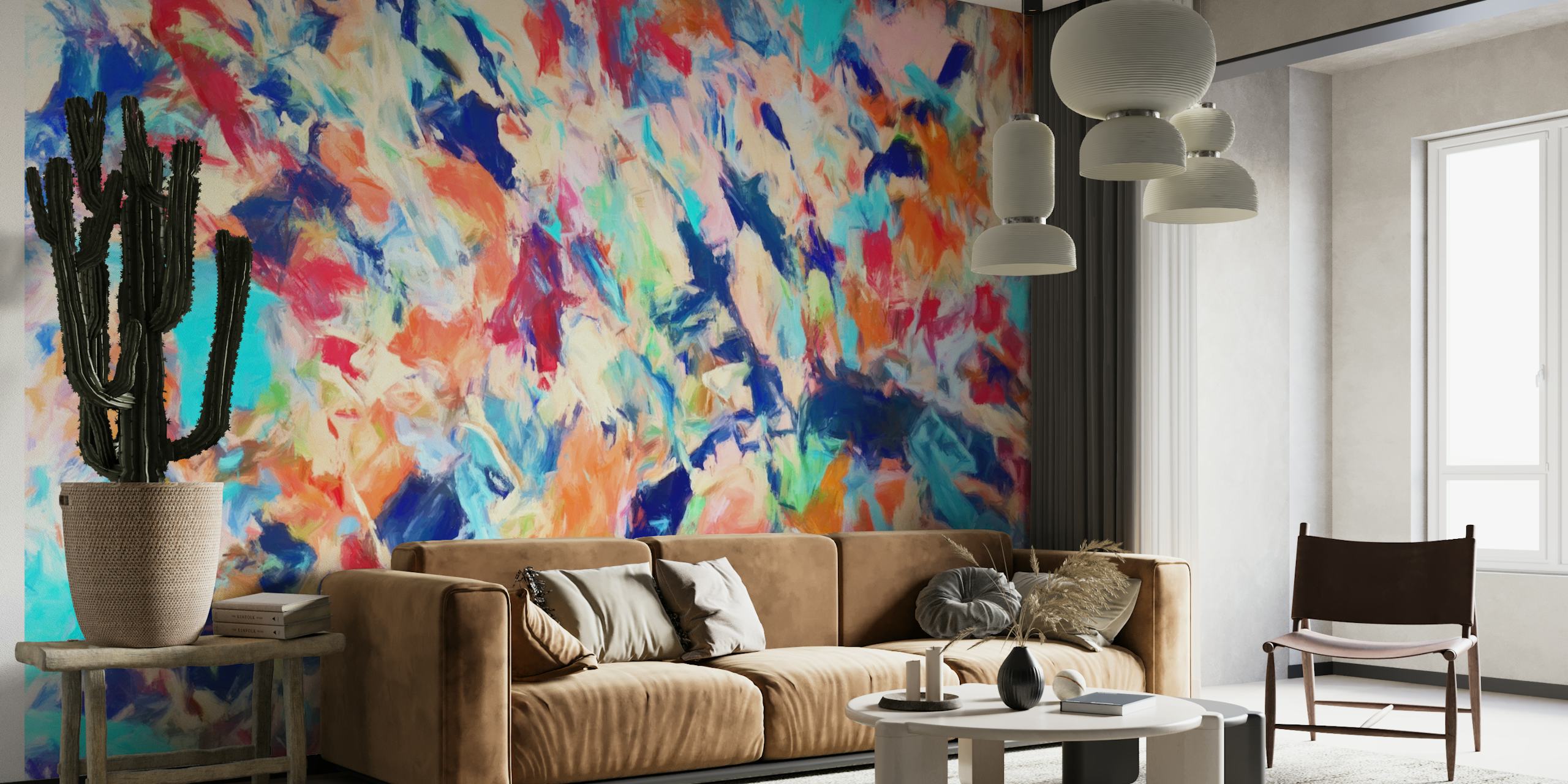 Kleurrijk abstract fotobehang 'Colored Brush Strokes 6' met dynamische blauwe, rode, roze en gele patronen