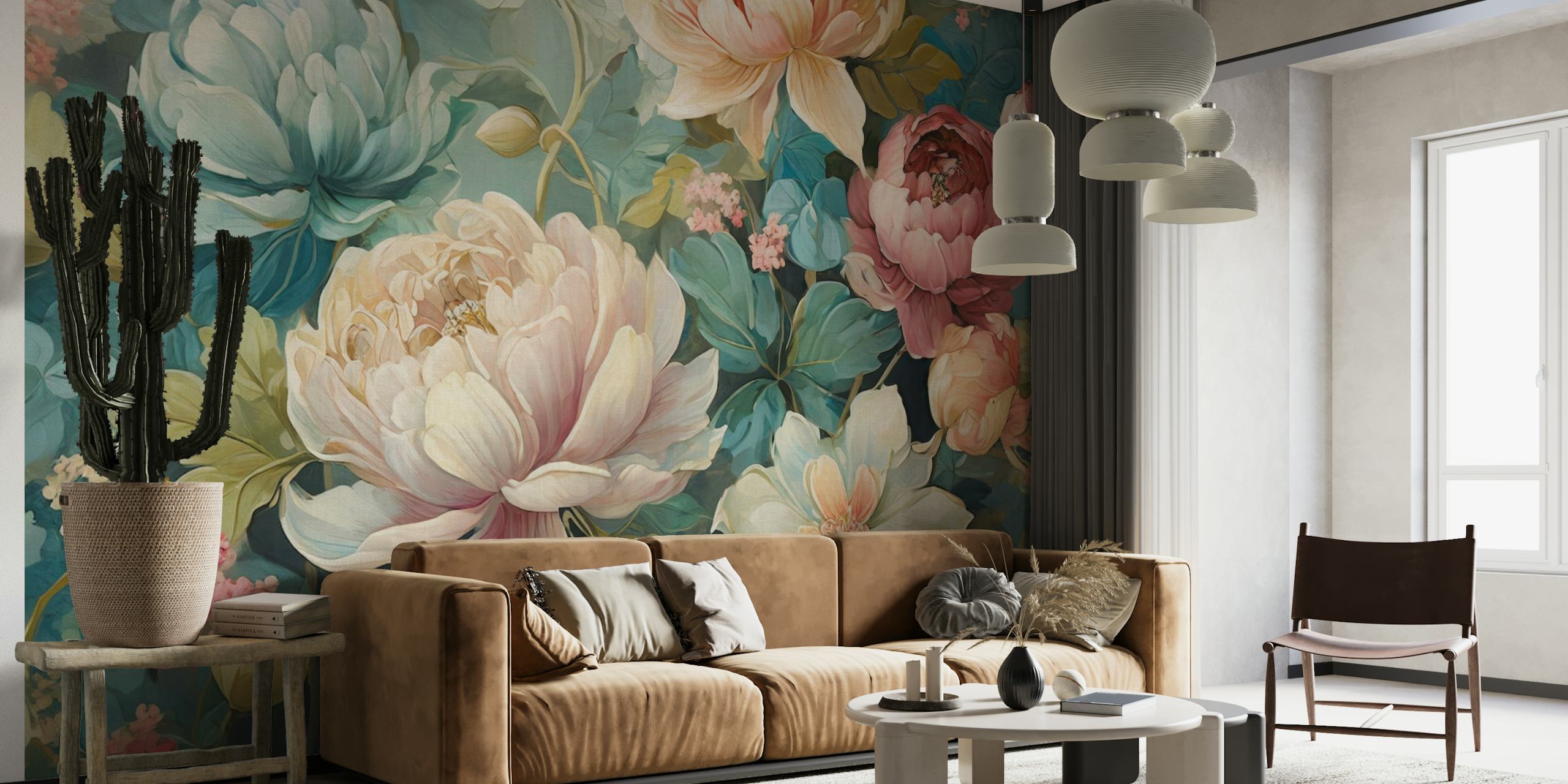Pastel-colored floral wall mural with lush spring flowers in shades of pink, blue, and green.