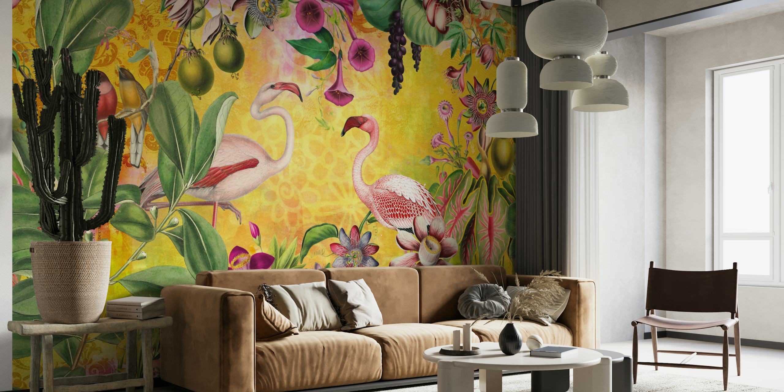 Flamingo Island Colorful Jungle Illustration papel de parede