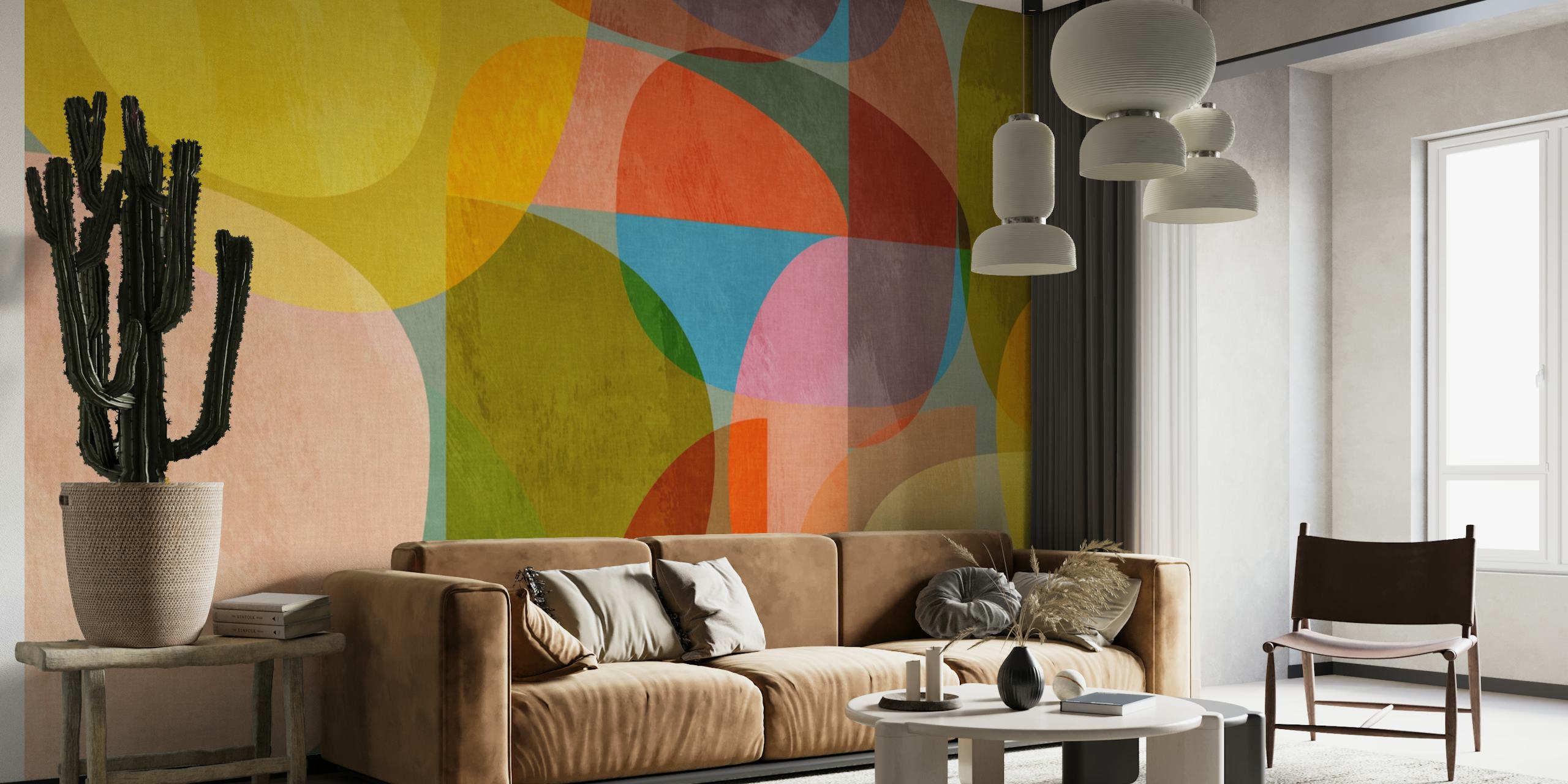 Abstrakti puoliympyräkuvioinen seinämaalaus pehmeissä pastelliväreissä