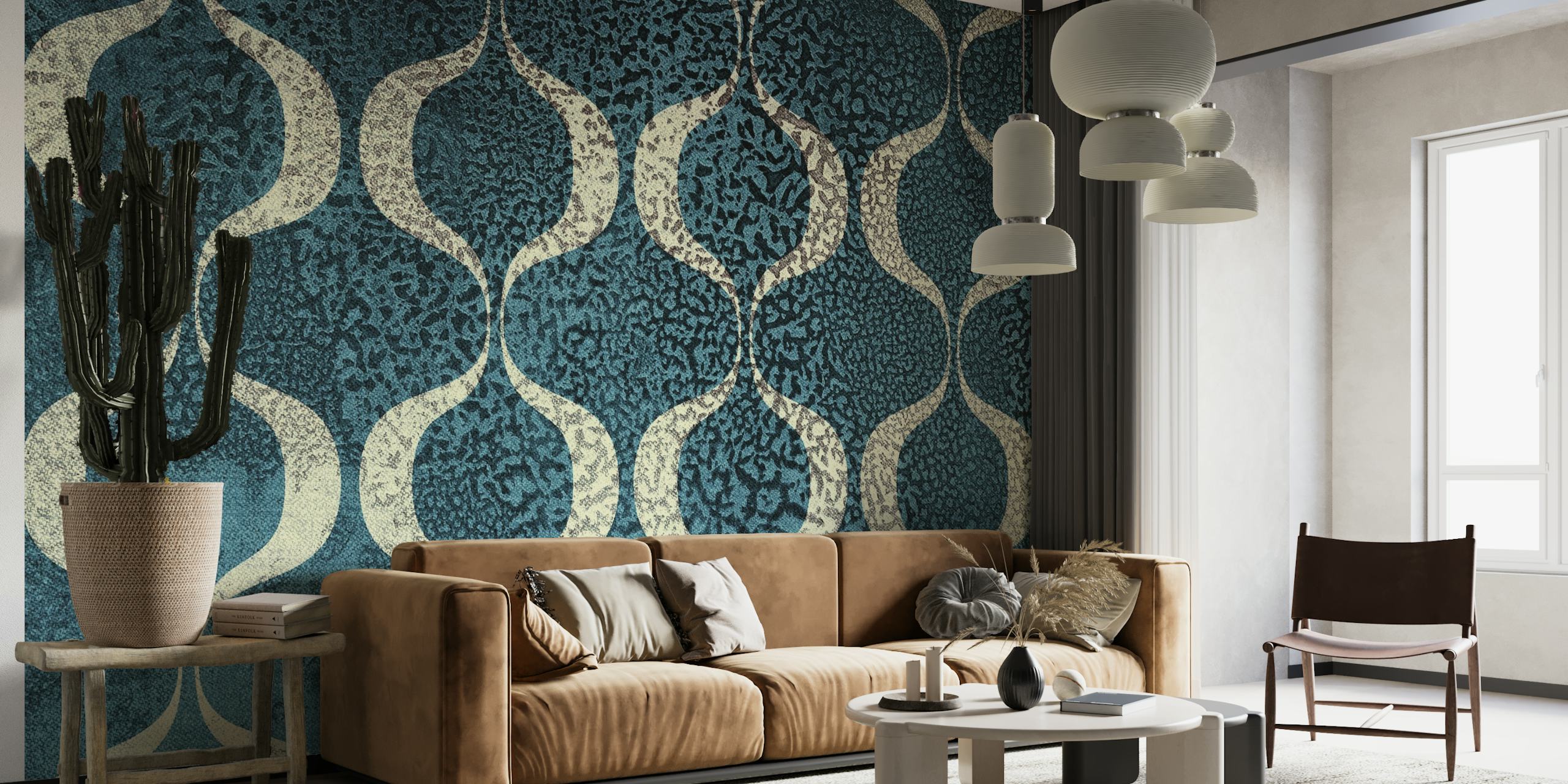 Crazy Mid Century Grunge wall mural with blue semi-circular patterns and textures