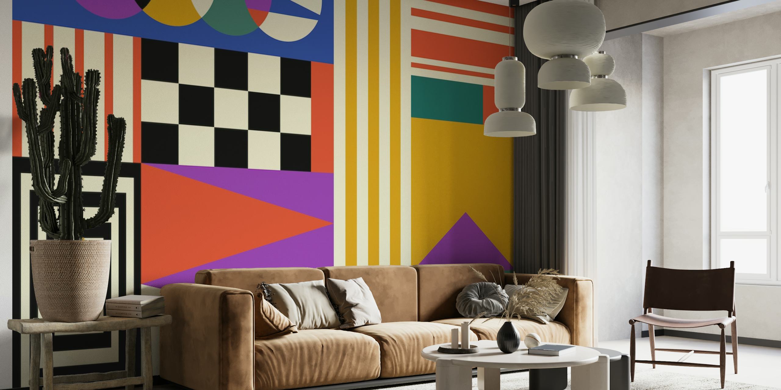 Colorful geometric wall mural with varied shapes and patterns