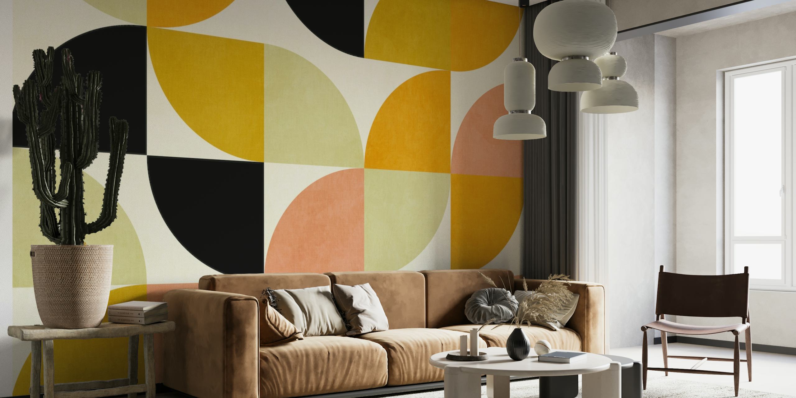 Mural de parede geométrico abstrato Bauhaus clássico com paleta de cores quentes