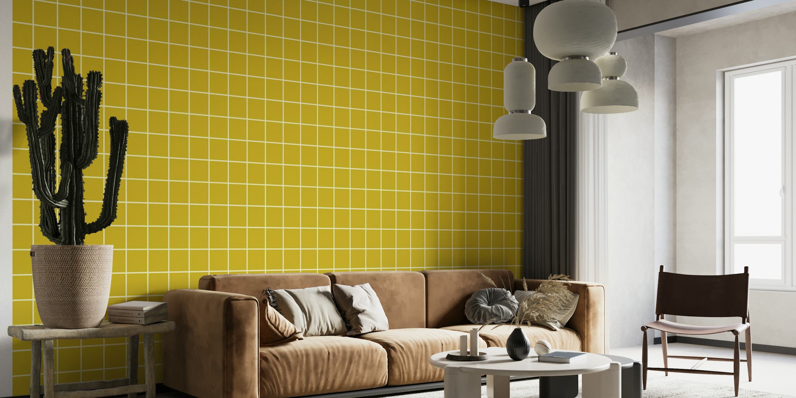 Simple Beige Lines Mustard Yellow Tiles behang