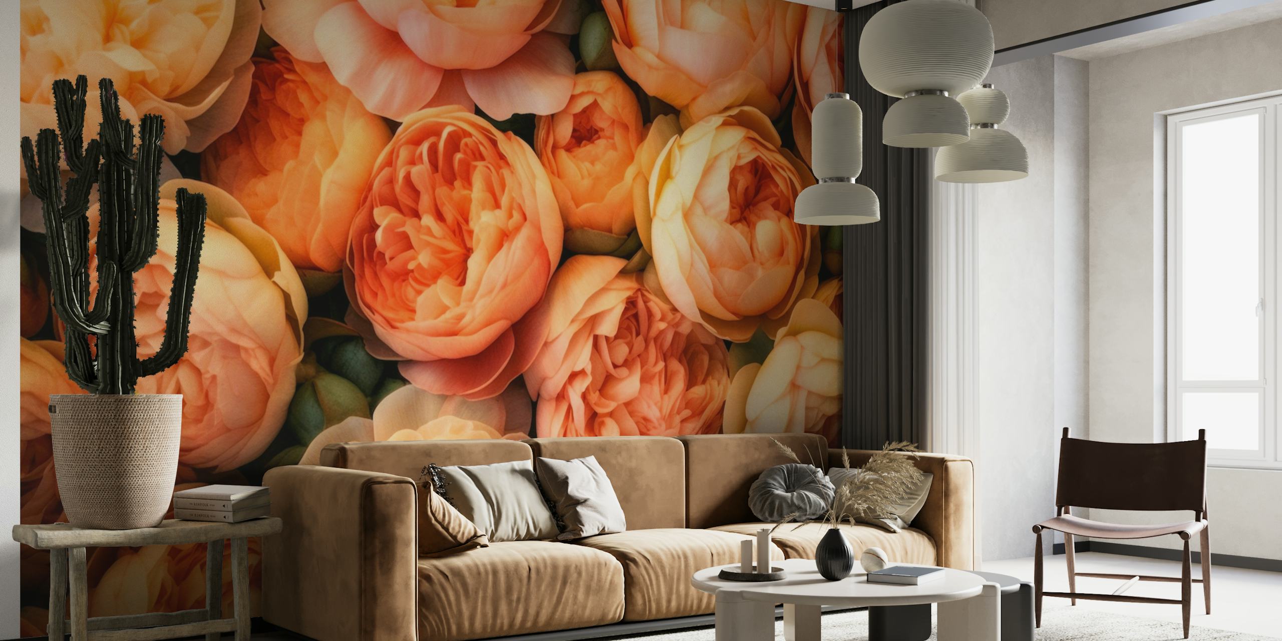 lush peach peonies in full bloom forming a baroque-inspired summery wall mural