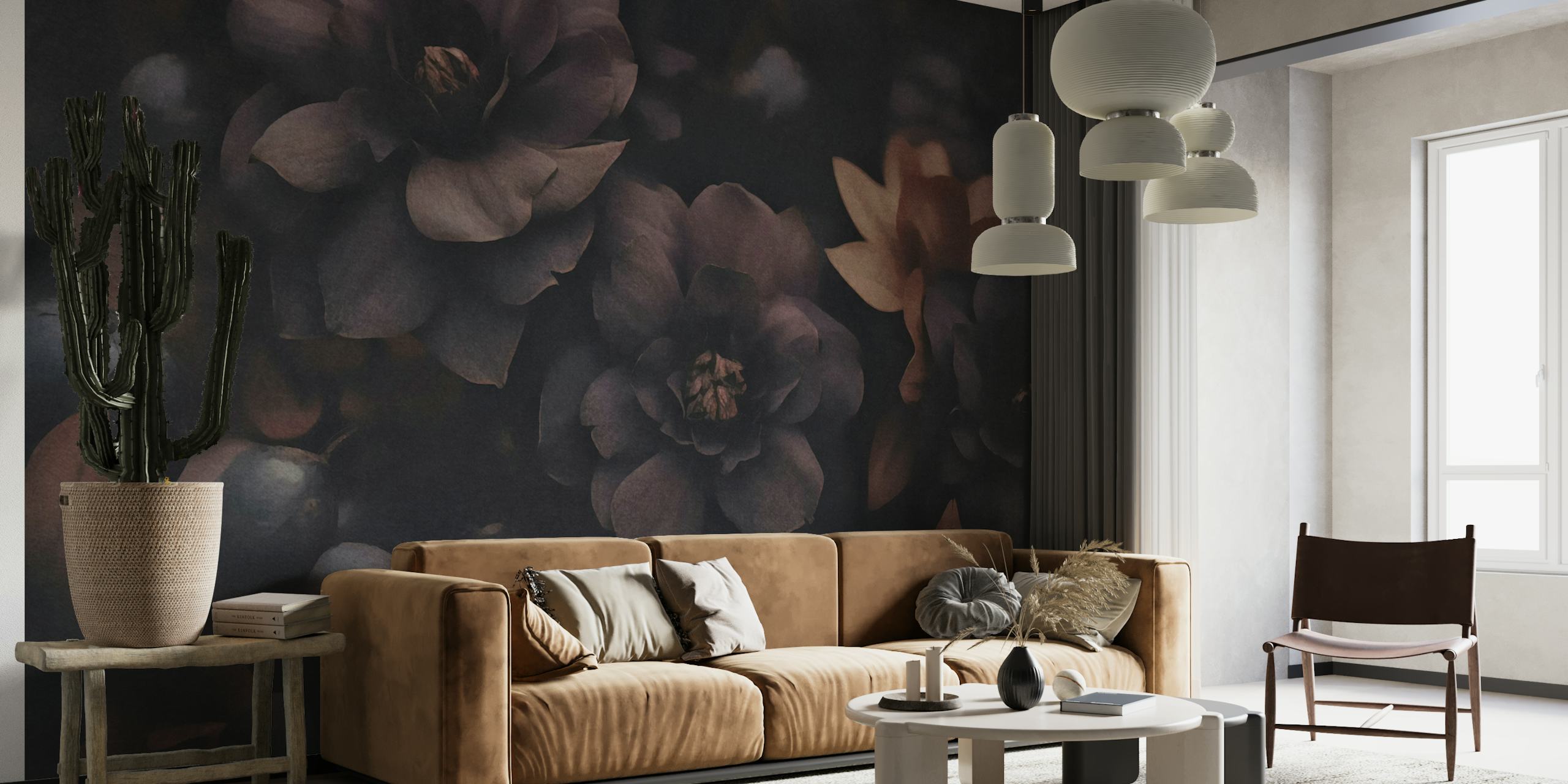 Fotomural floral de color marrón oscuro con un diseño floral atmosférico y de mal humor