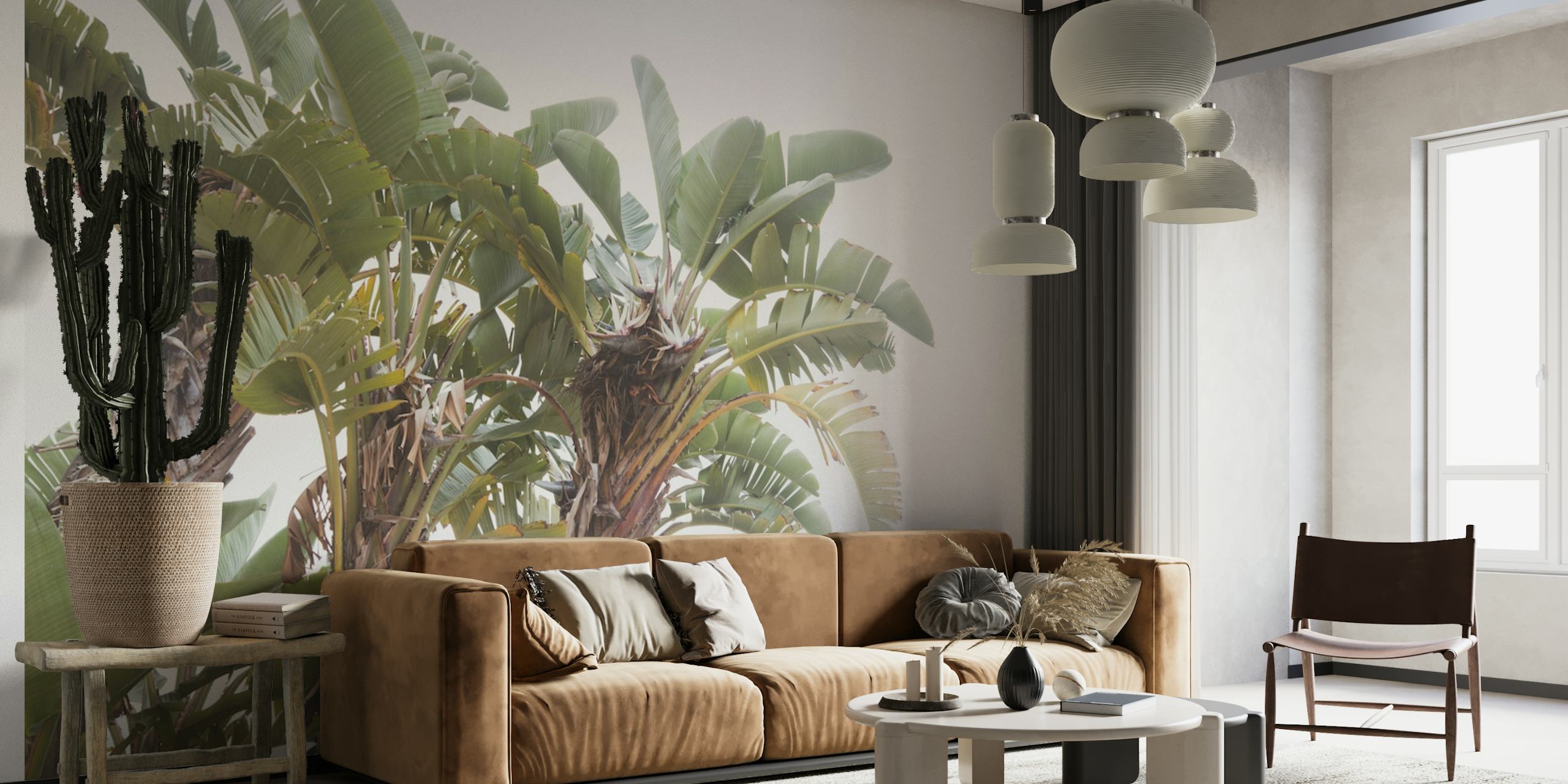 Banana leaf wall mural with a pale background