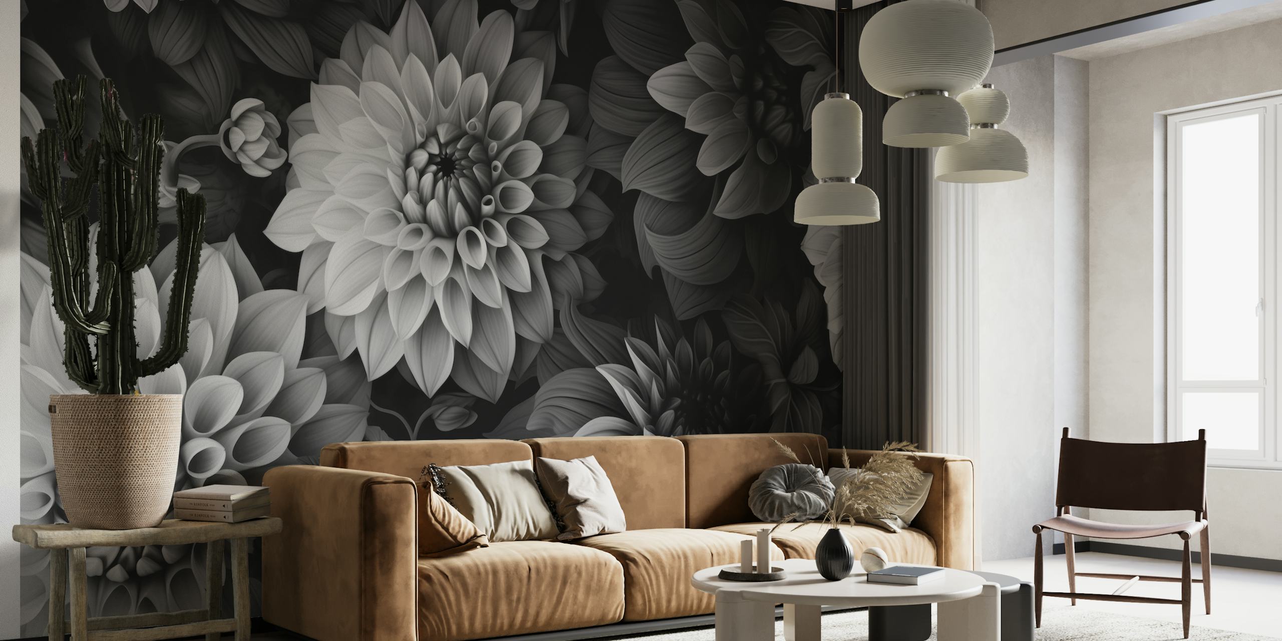 Opulent Moody Dahlia Flowers Grey papel de parede