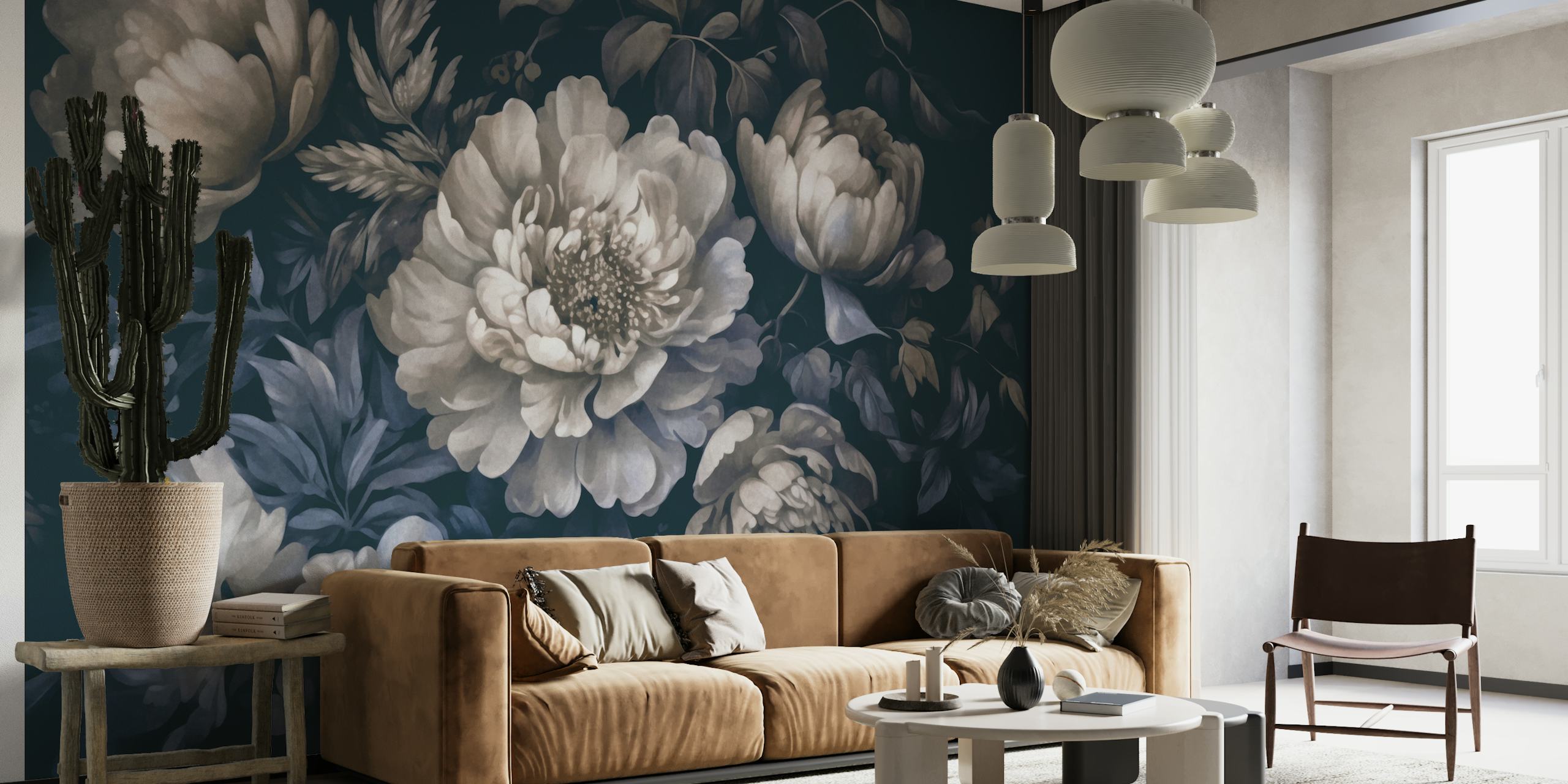 Moody Baroque Opulent Flowers Ivory Blue wallpaper