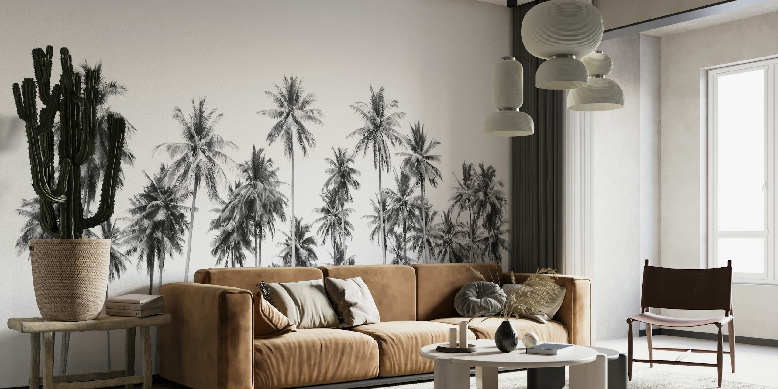 Black and white wall mural of tall palm trees in a jungle setting