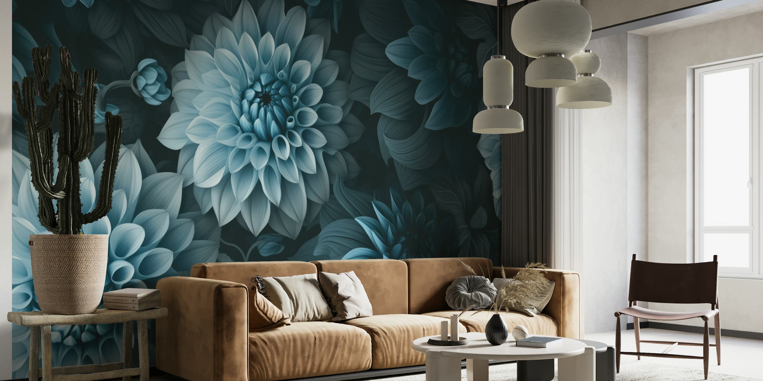 Overdådig Moody Dahlia Flowers vægmaleri med rige blågrønne og blå nuancer